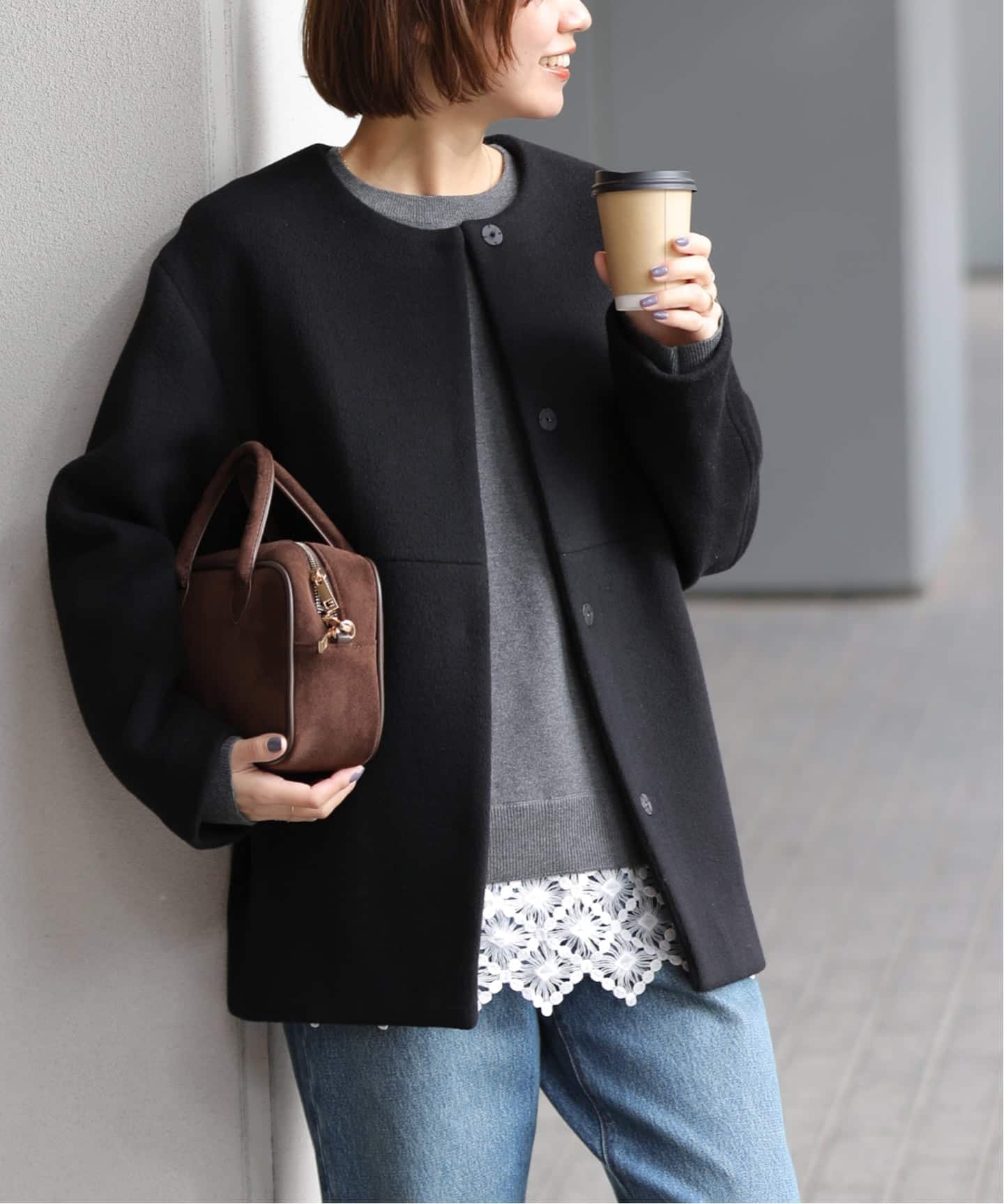 2024AW✨relume スーパーファインビーバークルーネックコート　ブラック 追加3》スーパーファインビーバークルーネックコート（ノーカラー