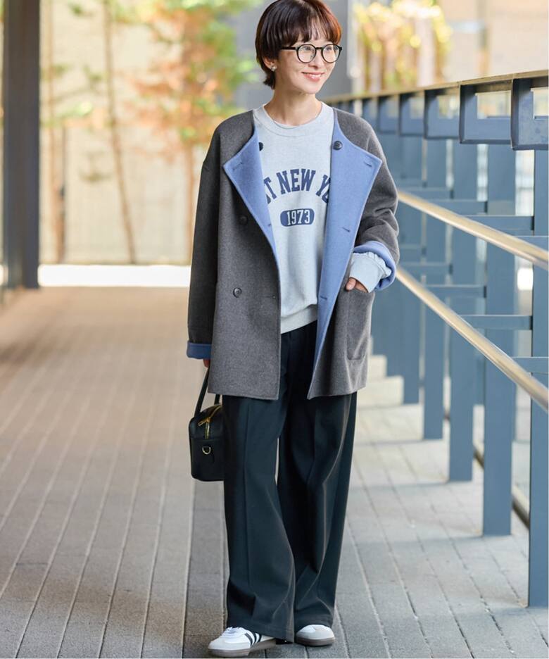 新色》リバーシブルノーカラーショートコート（ノーカラーコート  