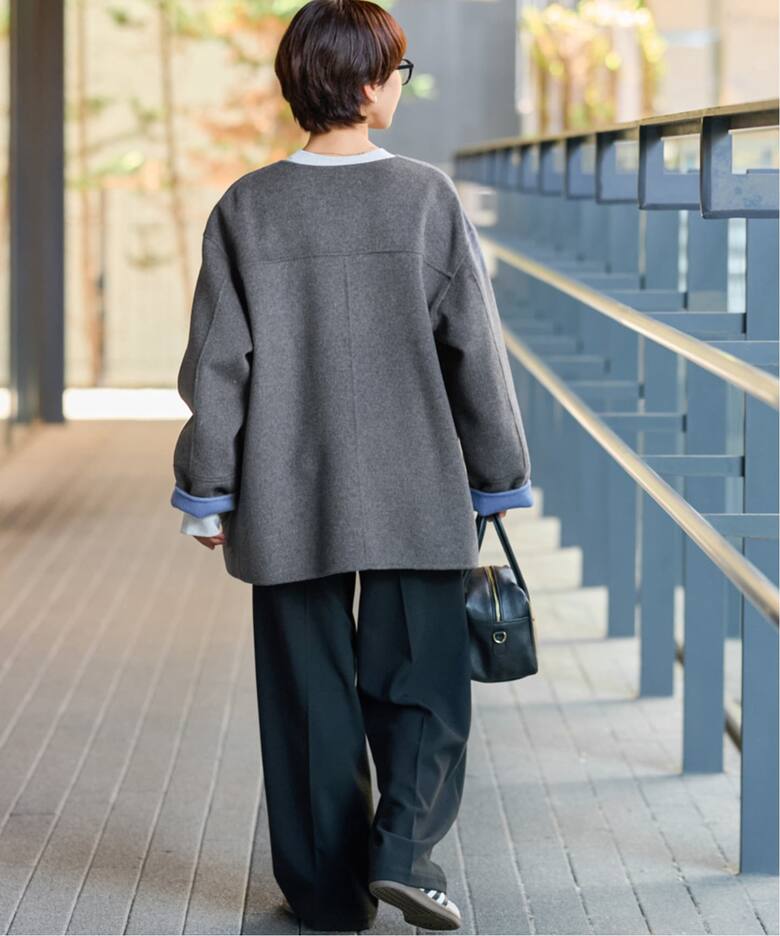 新色》リバーシブルノーカラーショートコート（ノーカラーコート  