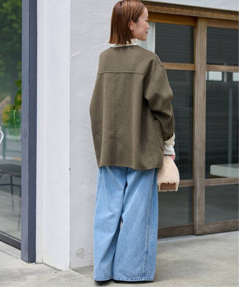 新色》リバーシブルノーカラーショートコート（ノーカラーコート  