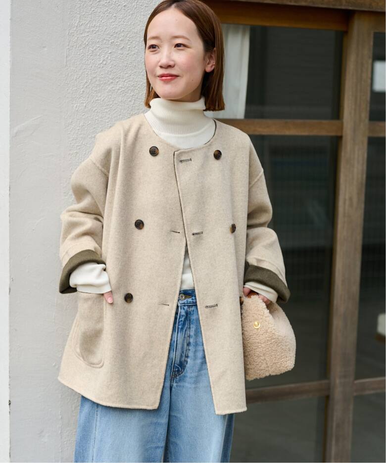 新色》リバーシブルノーカラーショートコート（ノーカラーコート  