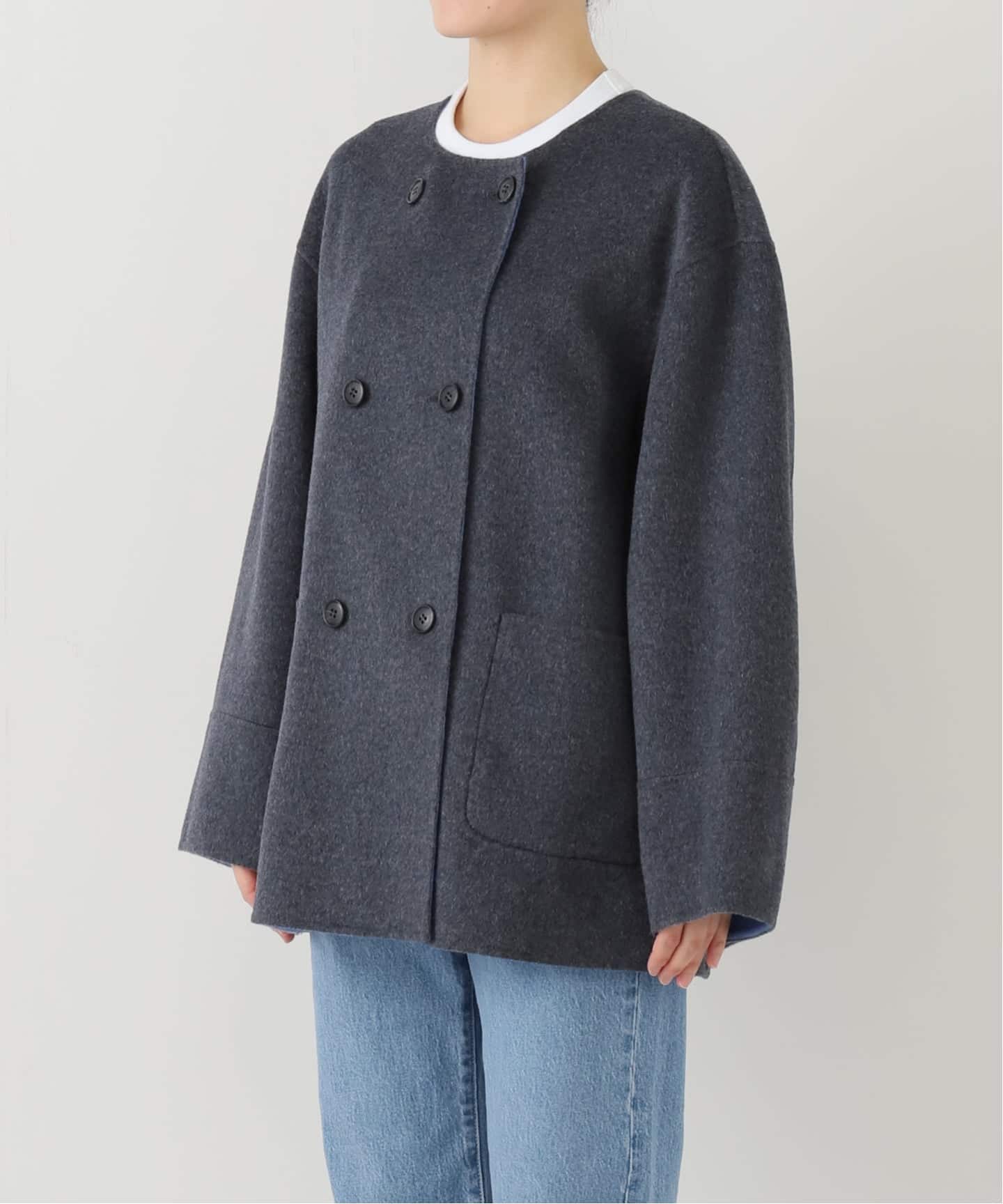 新色》リバーシブルノーカラーショートコート（ノーカラーコート