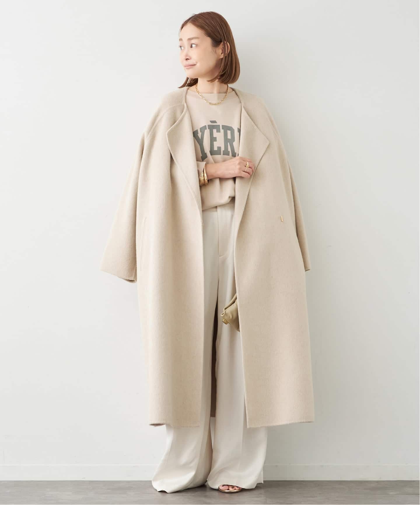 美品＊ベイジ BEIGE アンゴラ混 ウールコート 2 ノーカラー ウールアンゴラ ノーカラーコート（ノーカラーコート）｜Deuxieme