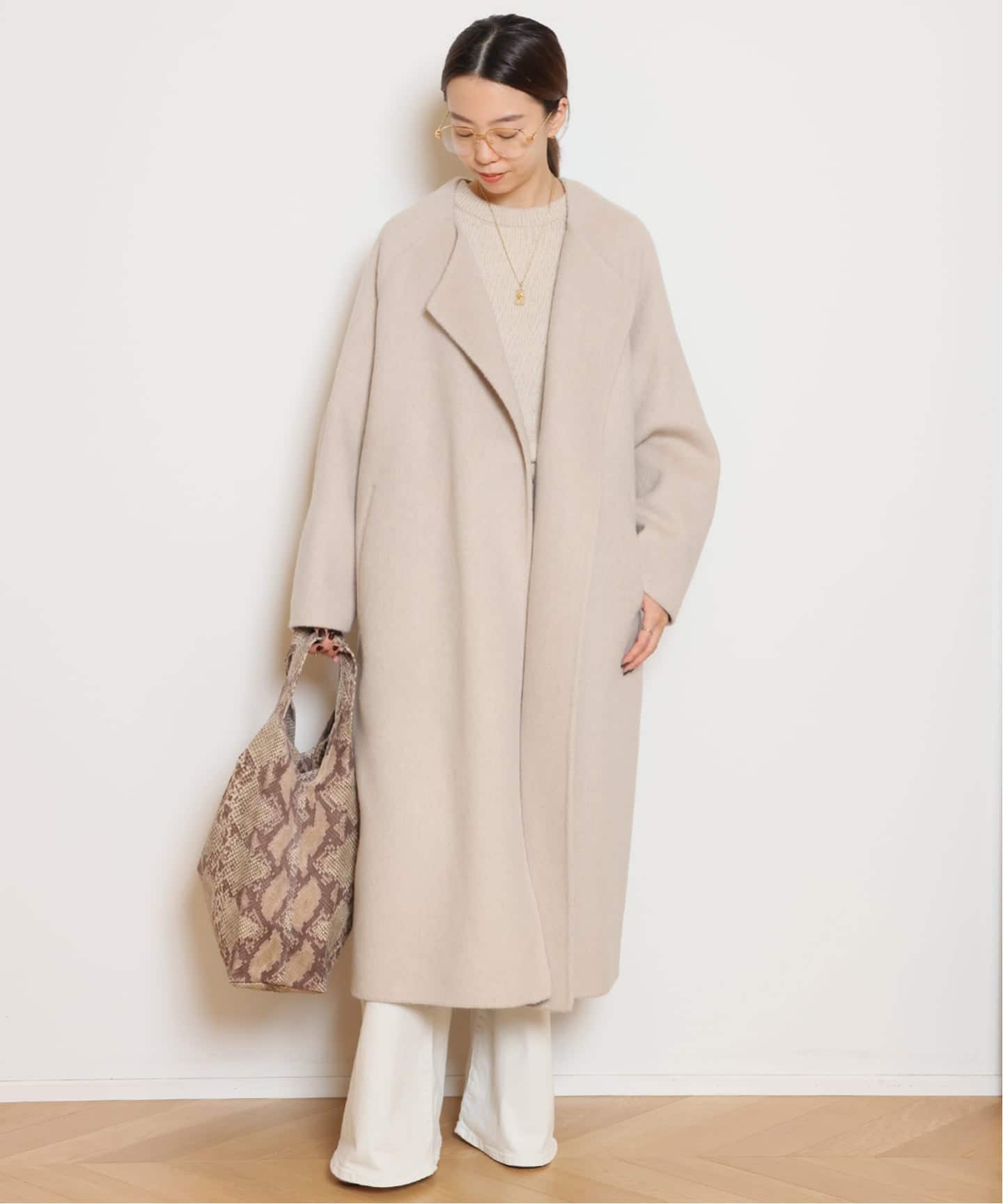 美品＊ベイジ BEIGE アンゴラ混 ウールコート 2 ノーカラー ウールアンゴラ ノーカラーコート（ノーカラーコート）｜MUSE de
