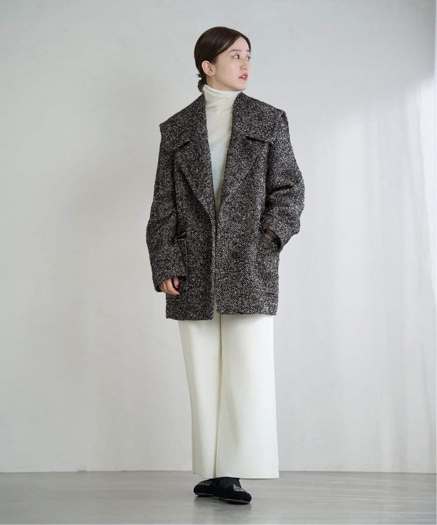 ヘリンボンツイードビッグカラーコート（その他ブルゾン／アウター