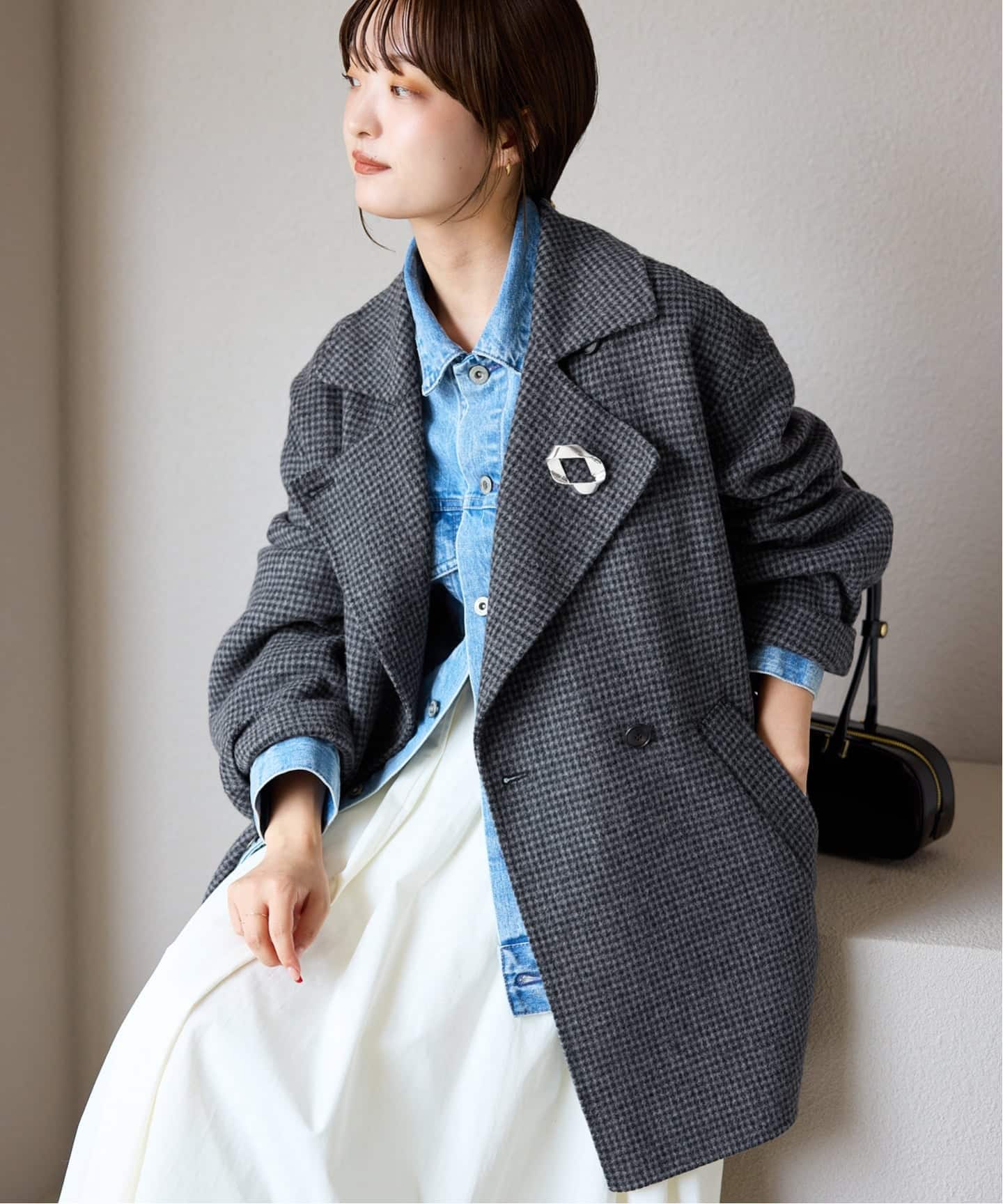 SLOBE IENA グレー ウール ピーコート souple wool ダブルフェイスミドルコート（ピーコート）｜SLOBE IENA