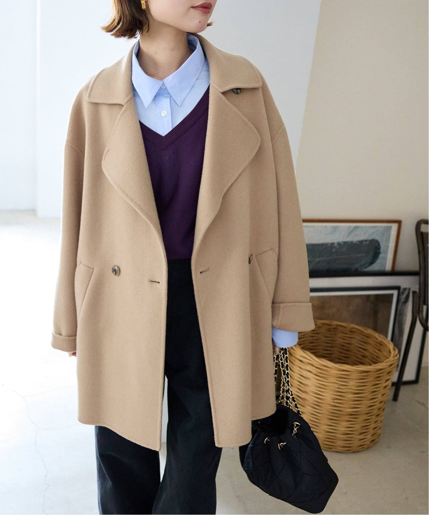 追加》souple wool ダブルフェイスミドルコート（ピーコート）｜SLOBE