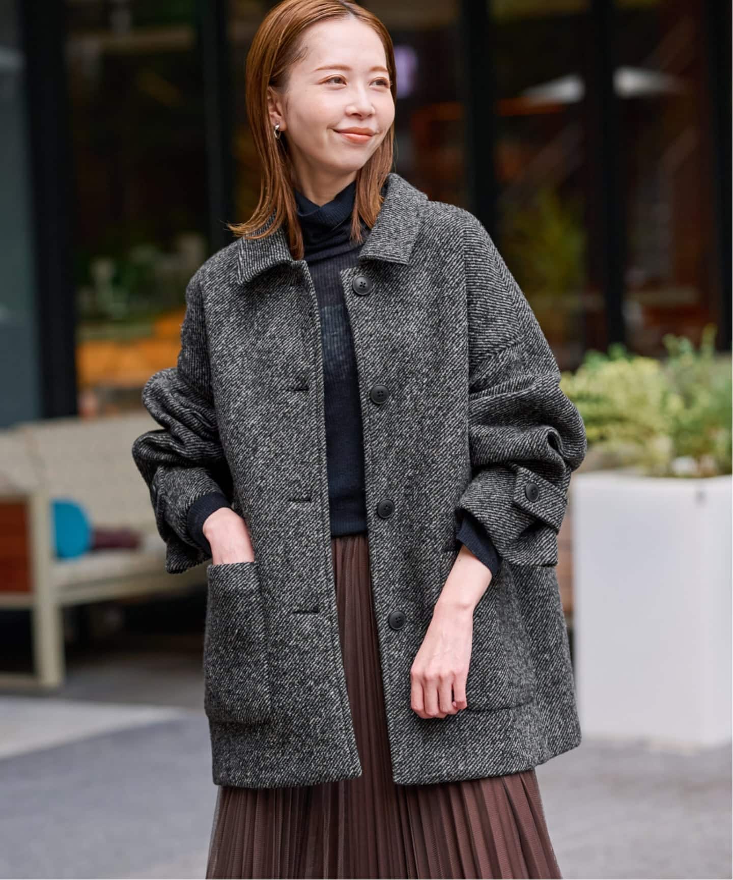 ツイードボンディングステンカラーショートコート（ステンカラーコート