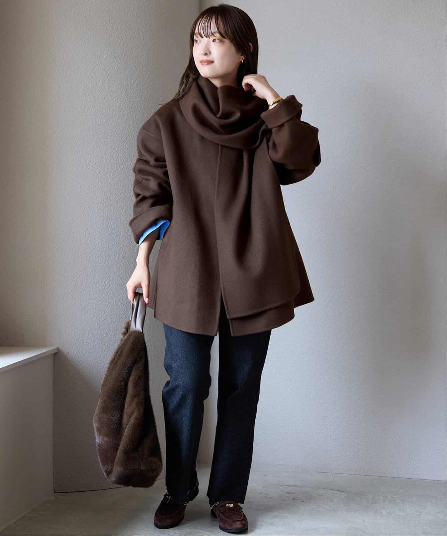 SLOBE IENA ダブルフェイスノーカラーコート ストール付き/予約》SUPER140 ダブルフェイスノーカラーコート