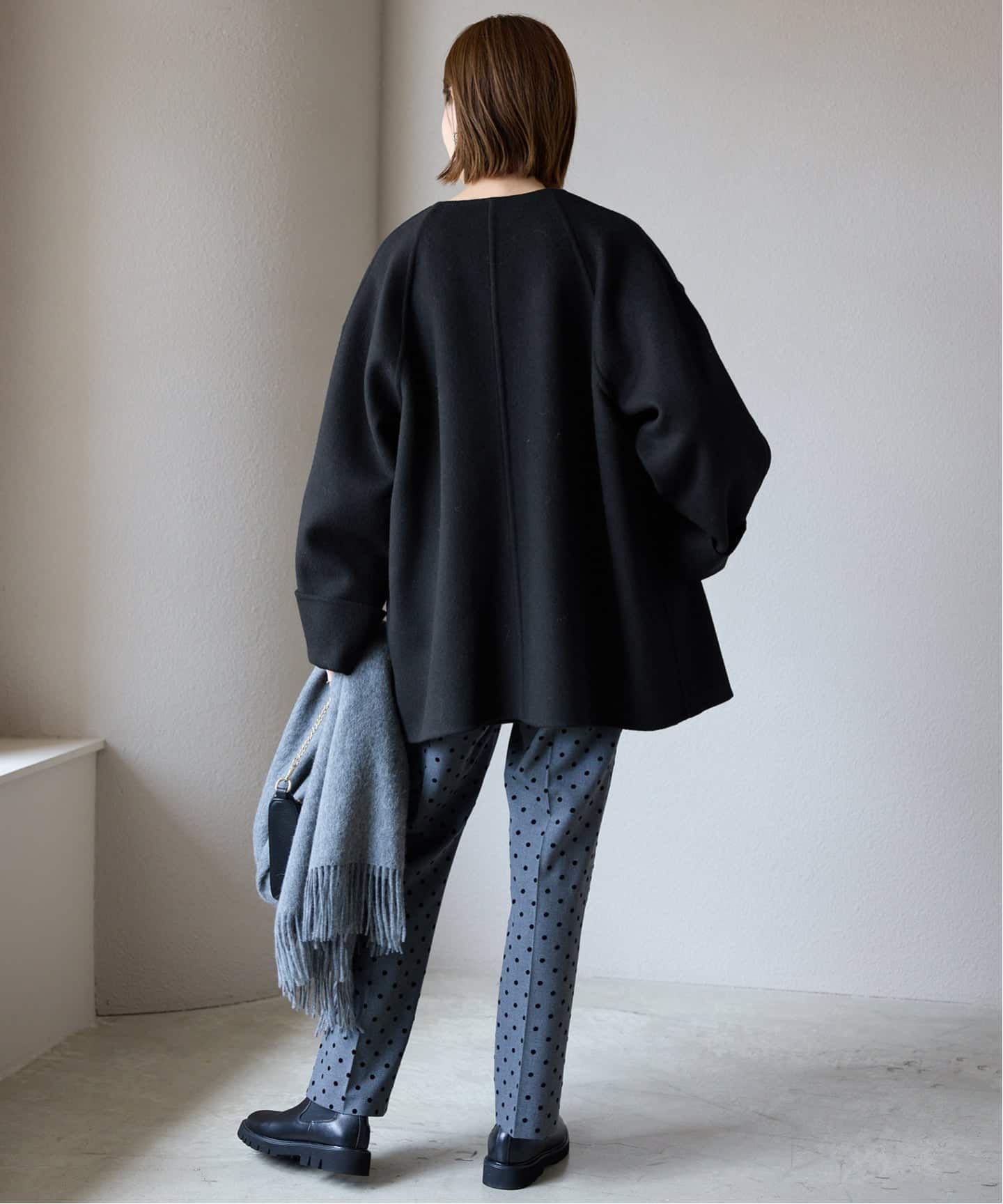 ストール付き》SUPER140 ダブルフェイスノーカラーコート・ストール