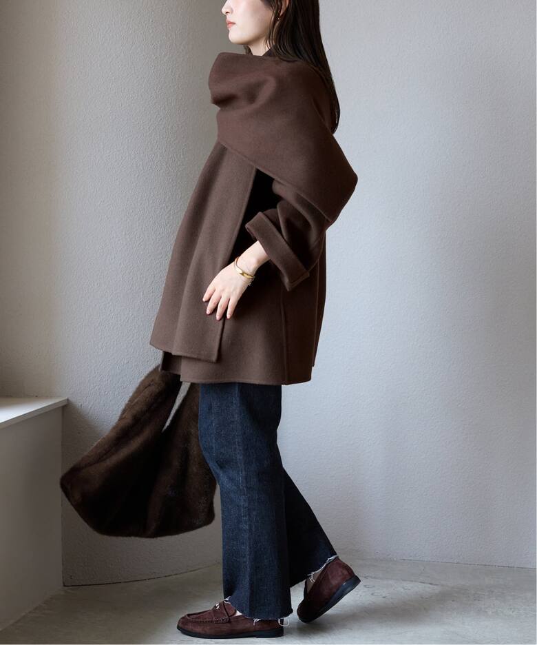 ストール付き》SUPER140 ダブルフェイスノーカラーコート・ストール  