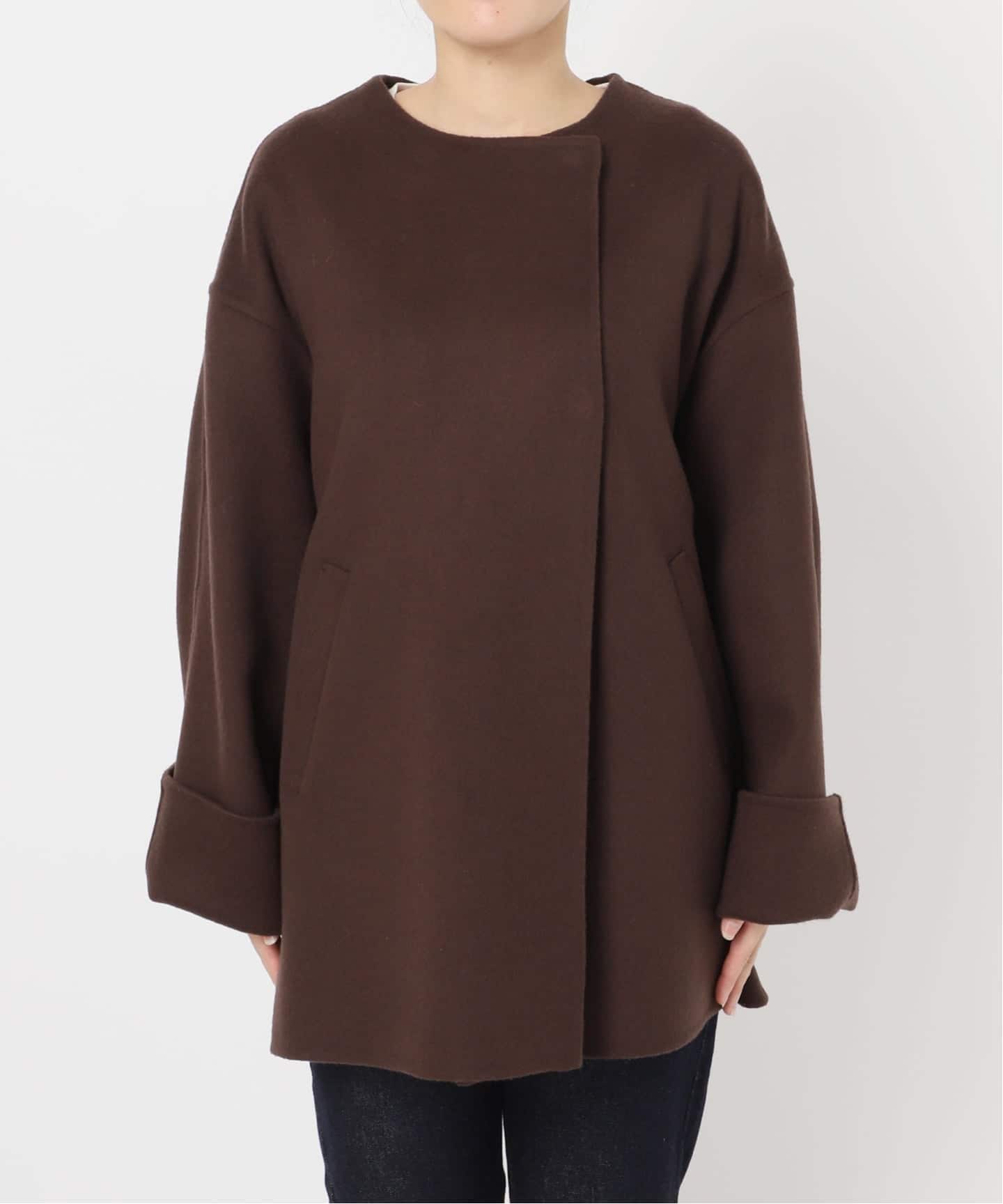 ストール付き》SUPER140 ダブルフェイスノーカラーコート・ストール