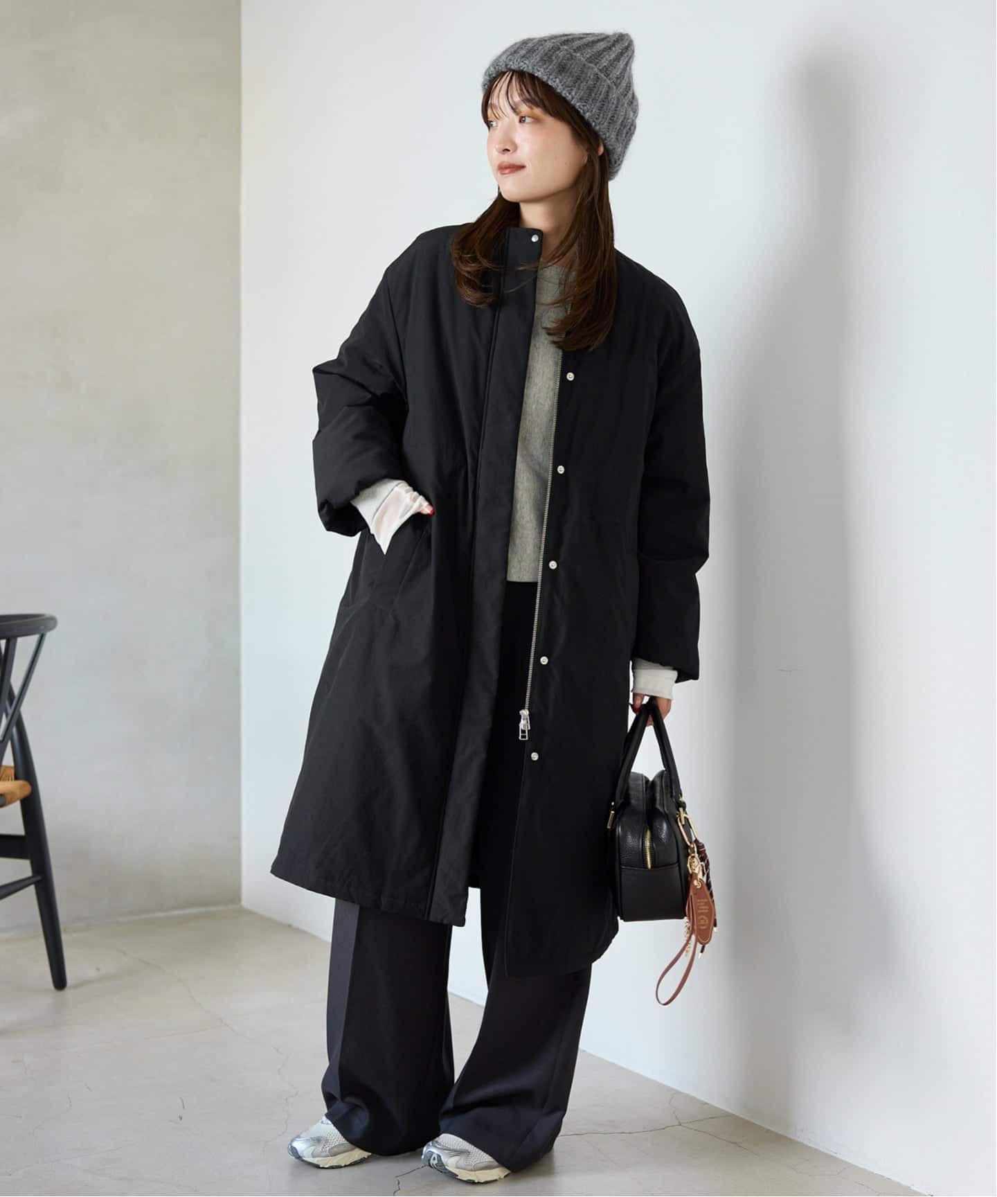 ★最終！お洒落！SLOBE IENA裏地付きブラックウールロングコート 38 SLOBE IENA SUPER 100'S WOOL ロングコート38