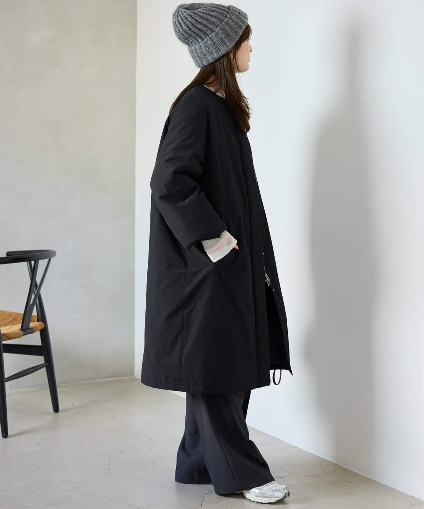 【美品】SLOBE IENA（スローブイエナ）ノーカラーコート　黒　38 ストール付き/WEB限定/予約》中綿ストール付きノーカラーコート