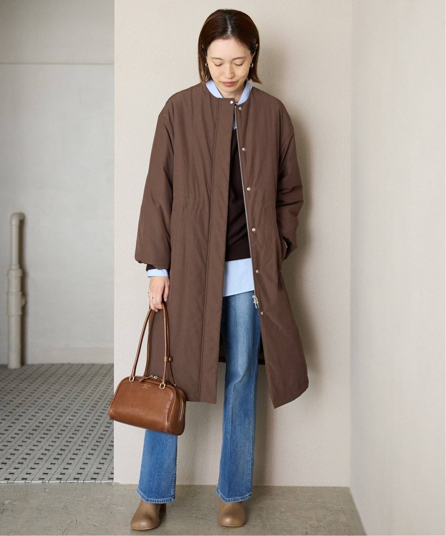 スローブイエナ＜ストール付き/WEB限定＞中綿ストール付きノーカラーコート　S セール】《ストール付き/WEB限定》中綿ストール付きノーカラーコート