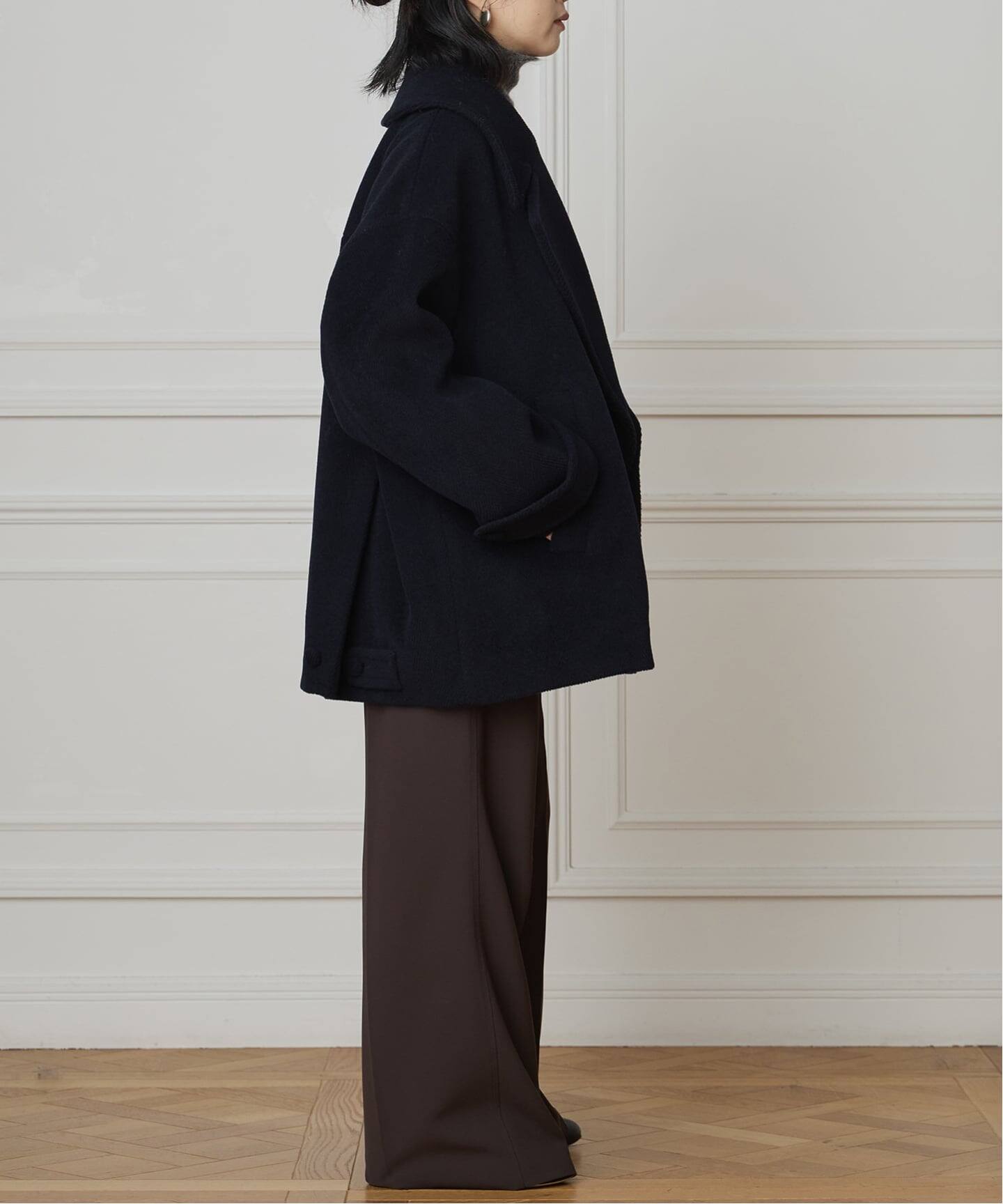 IENA イエナ　ウールピーコート　ネイビー　38 IENA LA BOUCLE パイルウールヘリンボンPコート（ピーコート）｜IENA