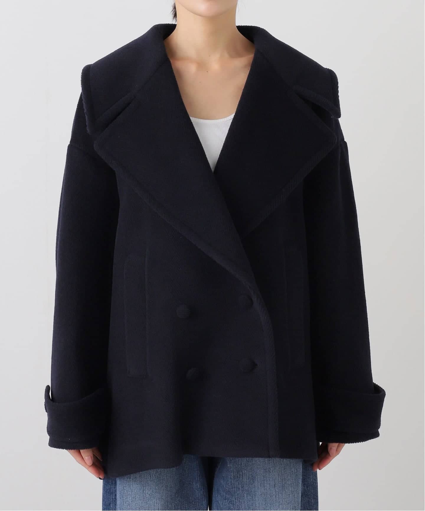 IENA イエナ　ウールピーコート　ネイビー　38 IENA LA BOUCLE パイルウールヘリンボンPコート（ピーコート）｜IENA