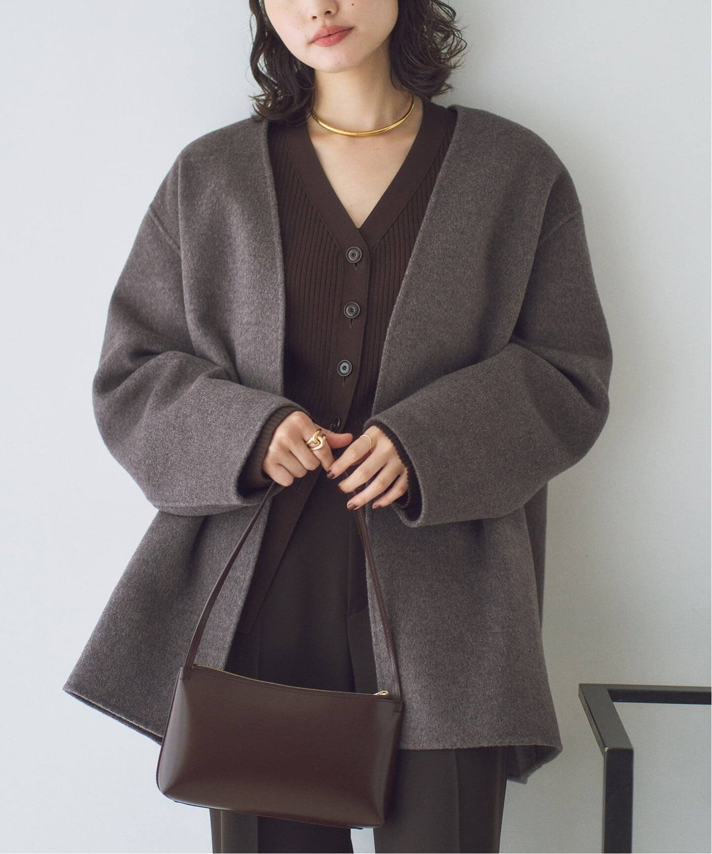 Plage 日本製 ウール ノーカラー ショート丈 コート カーディガン グレー Plage 日本製 ウール ノーカラー ショート丈 コート