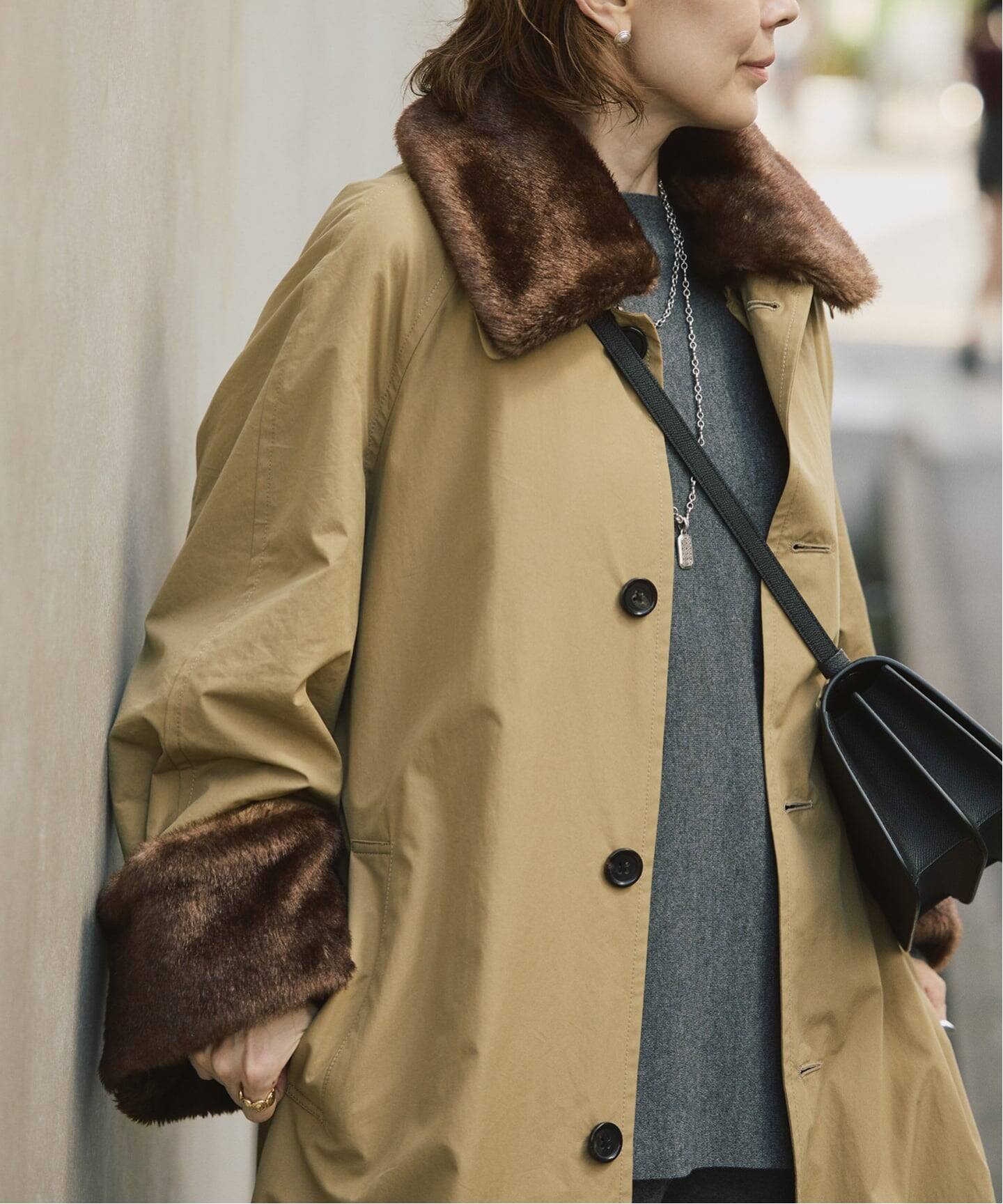 INSCRIRE アンスクリア Balmacaan Fur Liner コート I25AWCT94（ステン 