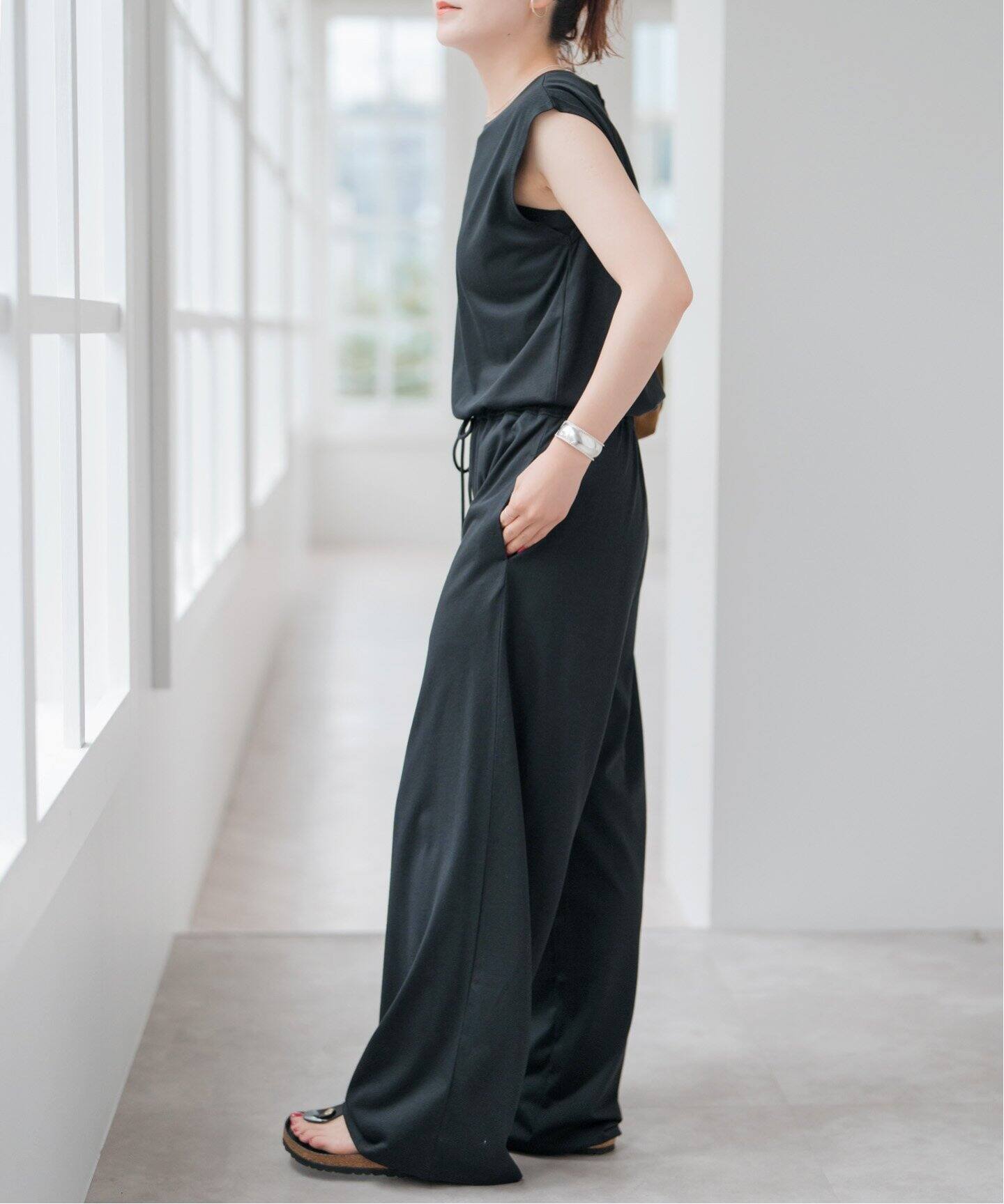 今期◇Spick and Span CO/PE天竺オールインワン　36 ブラック Spick＆Span オールインワン CO/PE天竺オールインワン