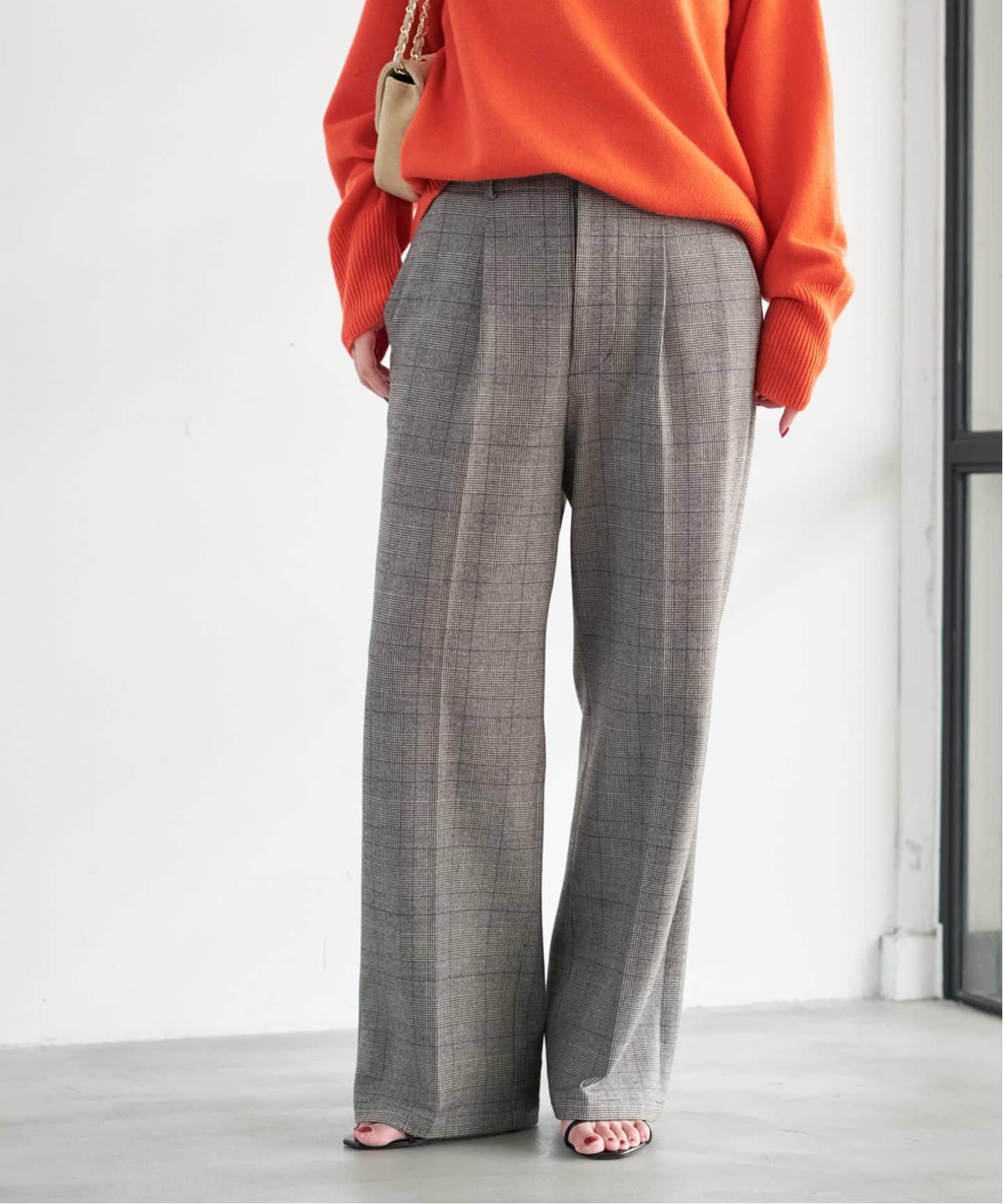 予約》手洗い可 / グレンチェック起毛タックストレートパンツ