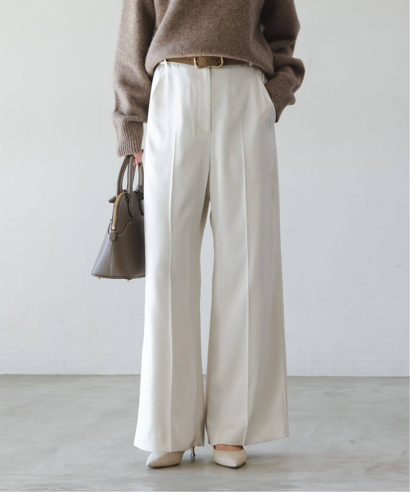 追加》【洗える】ルナサテンベルテッドパンツ(ホワイト)（スラックス