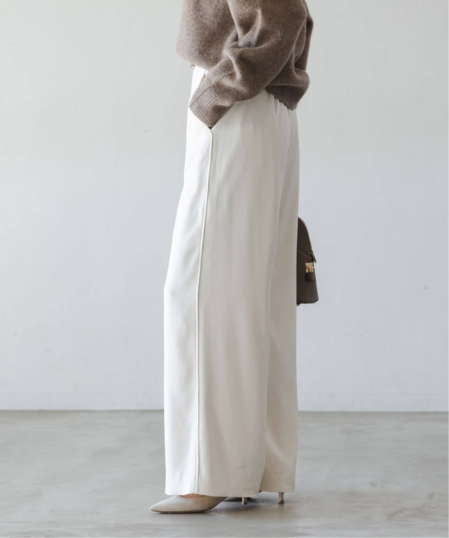 追加》【洗える】ルナサテンベルテッドパンツ(ホワイト)（スラックス
