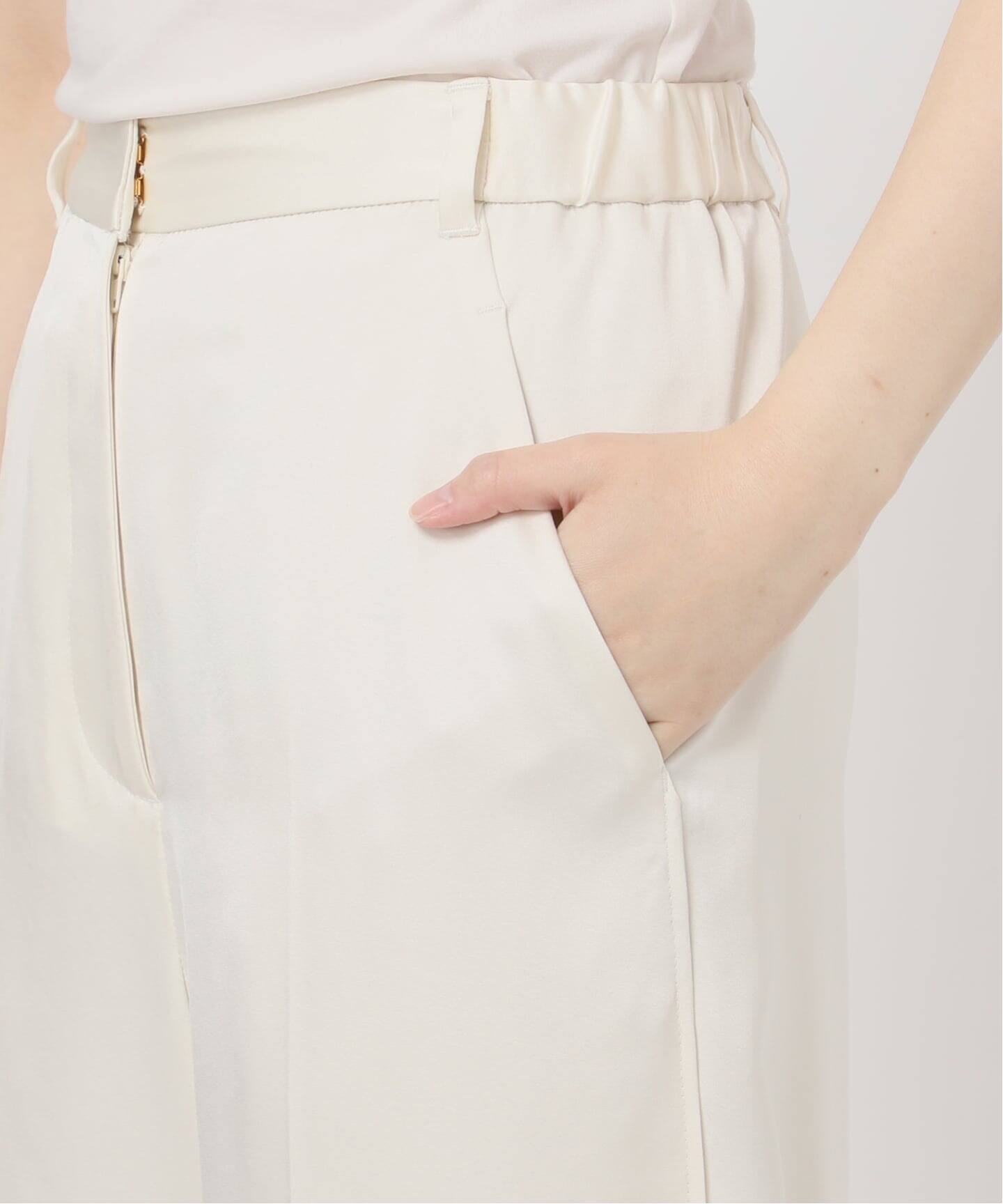 追加》【洗える】ルナサテンベルテッドパンツ(ホワイト)（スラックス