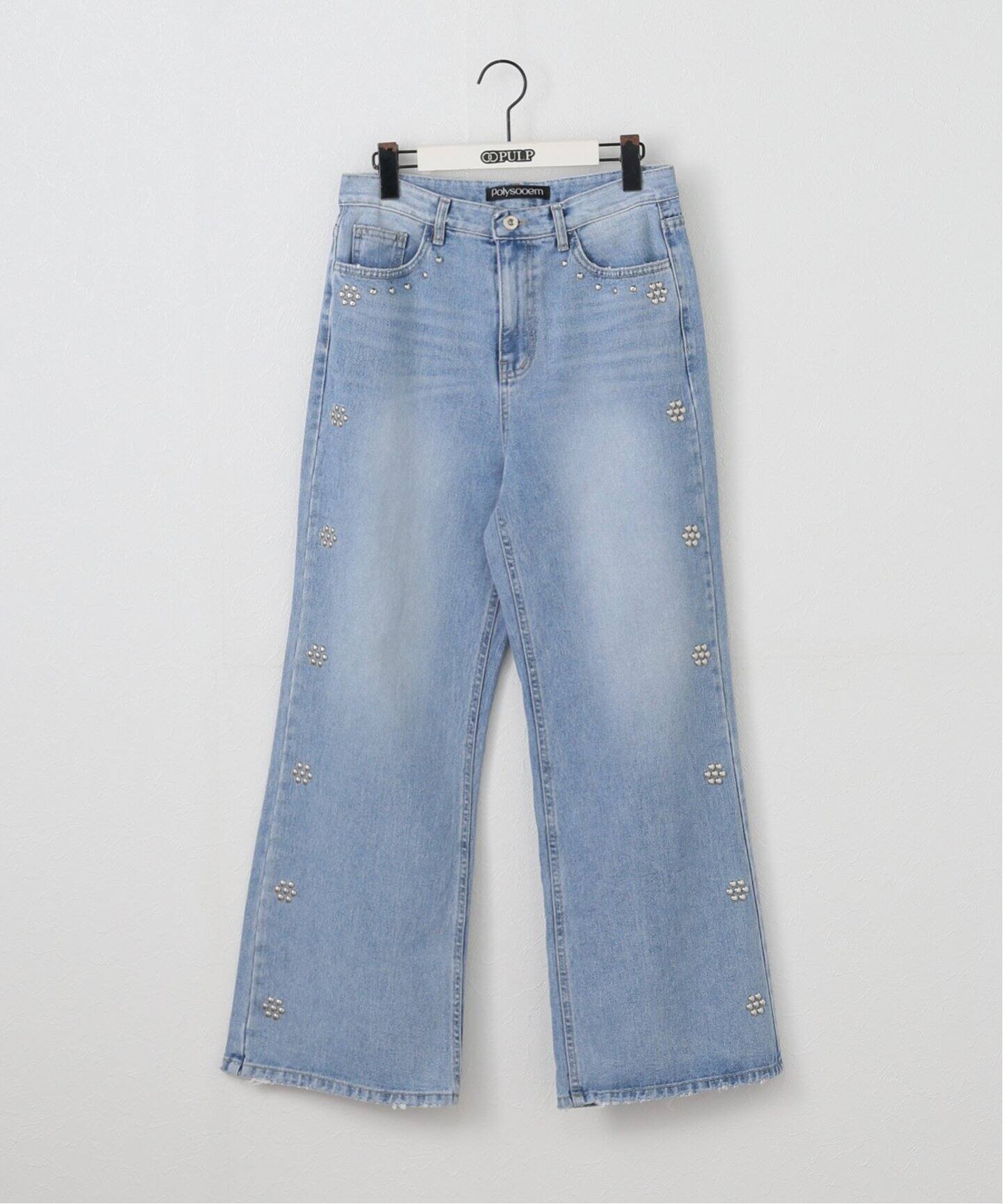 【POLYSOOEM】WASHED STUDDED FLOWER JEANS●送料・関税込● WASHED STUDDED FLOWER FLARED JEANS, LIGHT BLUE - polysooem