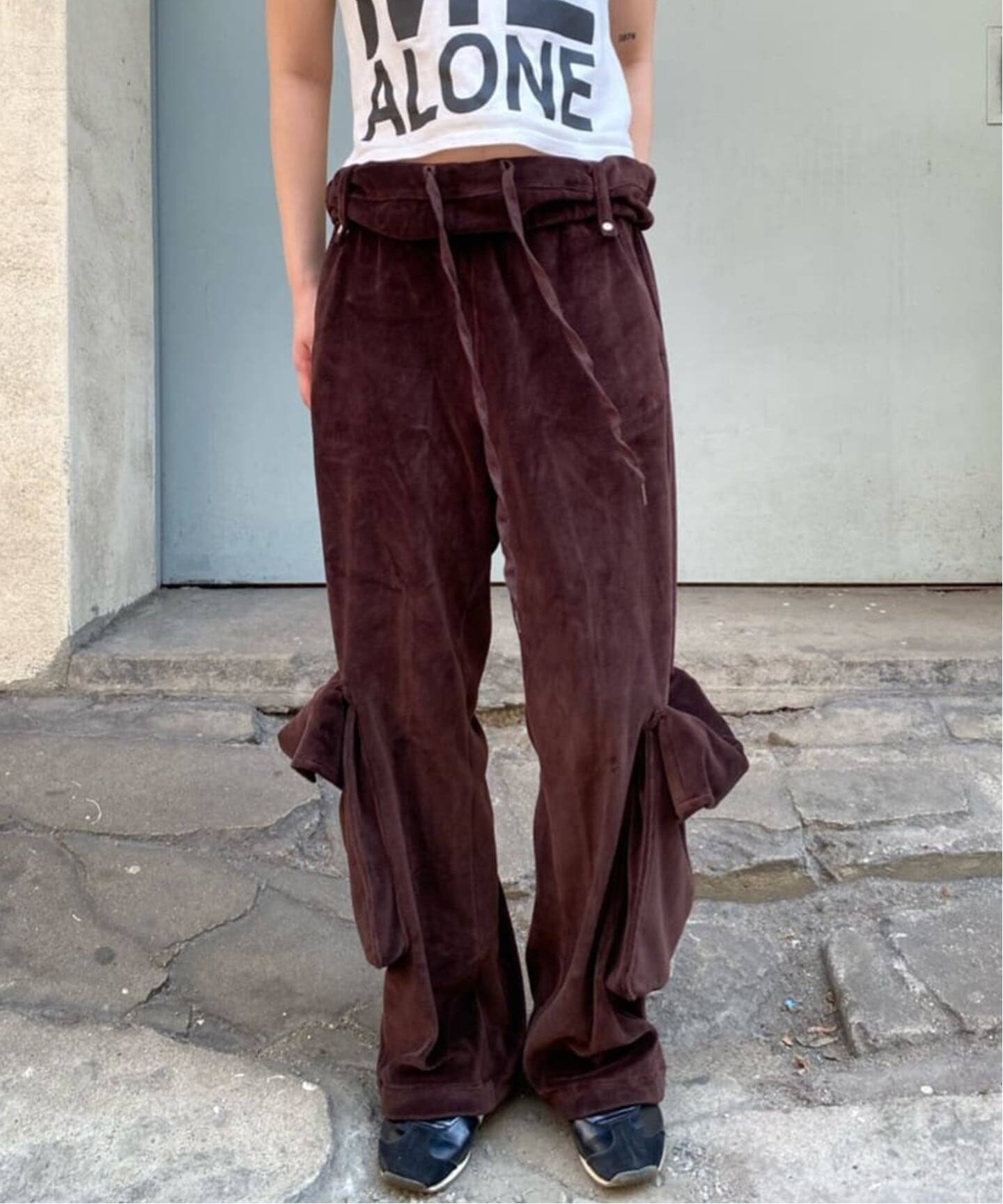 OPEN YY / オープンワイワイ】ROLLED WAIST VELOUR CARGO PANTS