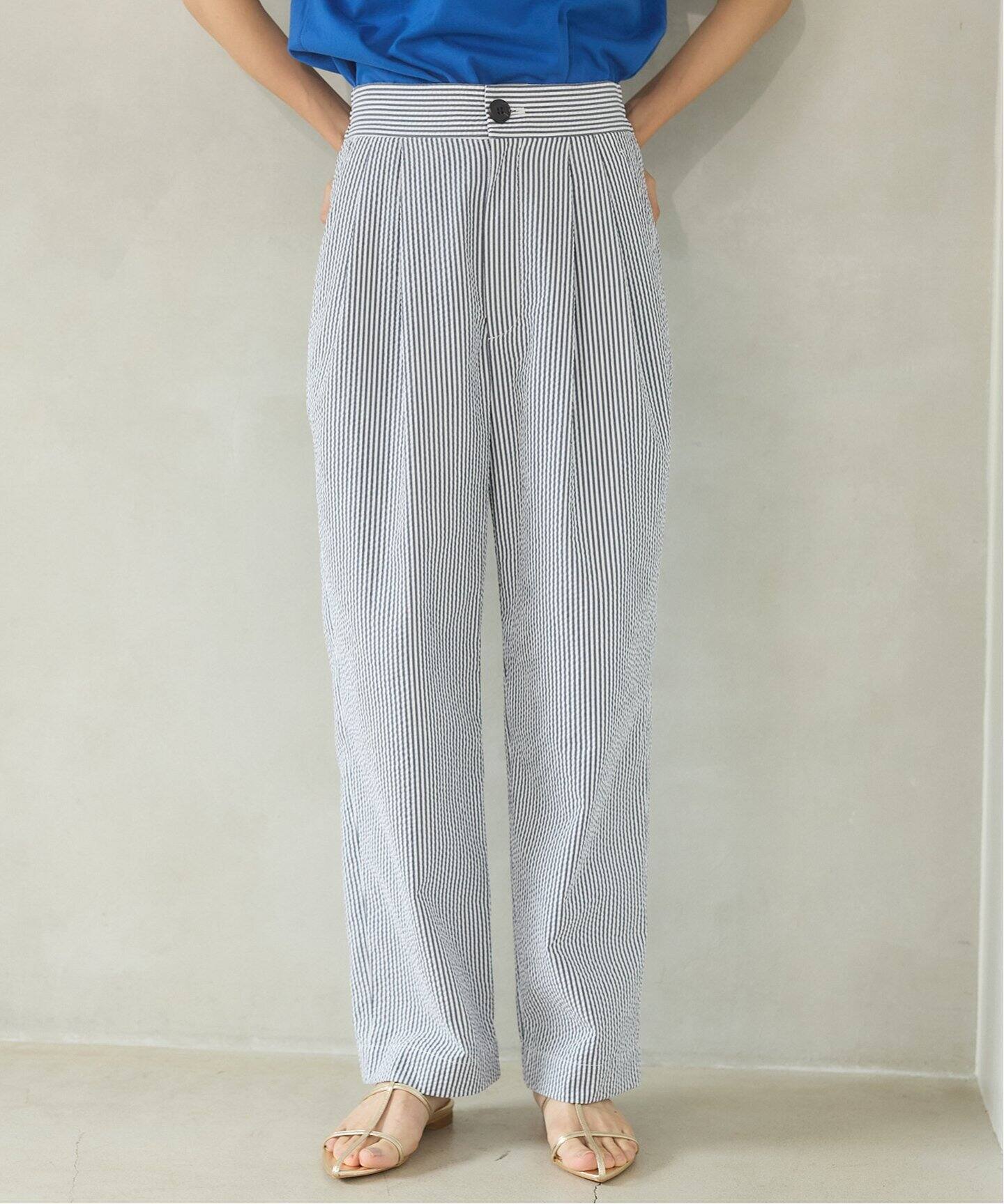 美品✨IENA✨ BLACK シアサッカーパンツ　サイズ38 ストライプ BLACK シアサッカーパンツ（スラックス）｜IENA（イエナ）の通販