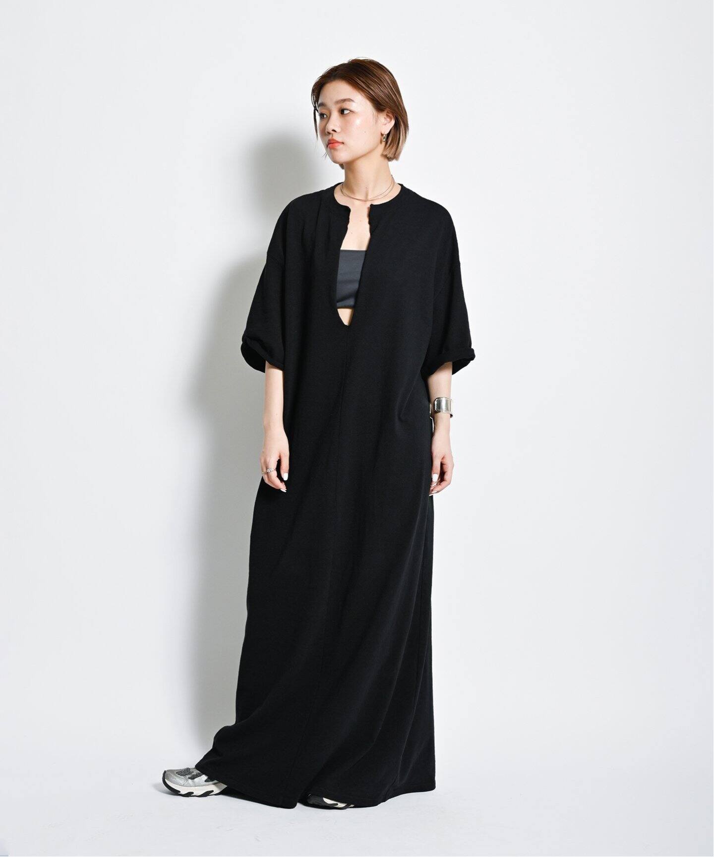 ワンピース BLACK COTTON DRESS 予約》KEY NECK COTTON DRESS:ワンピース(ワンピース