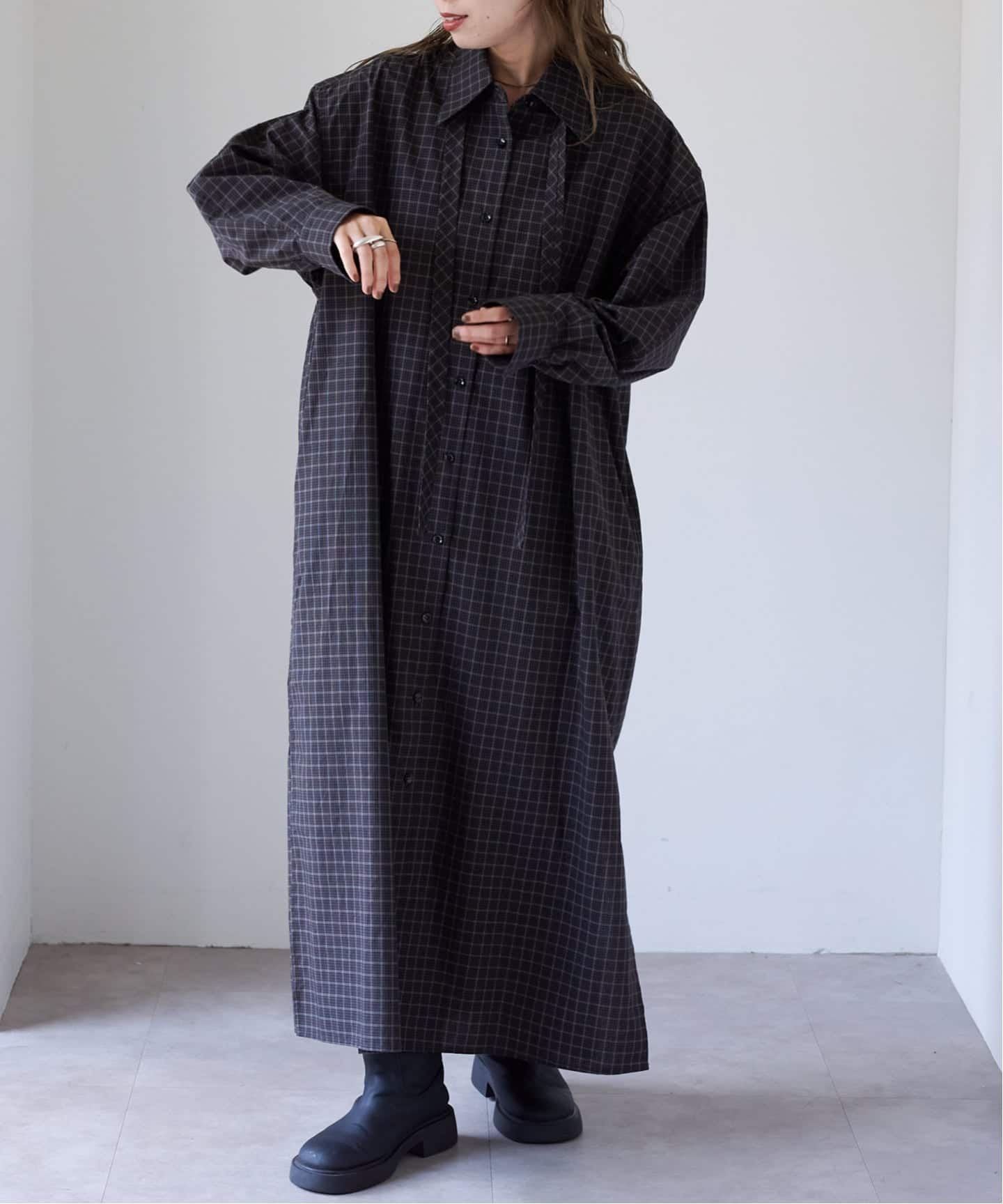 ≪予約≫チェックボウタイロングシャツワンピース