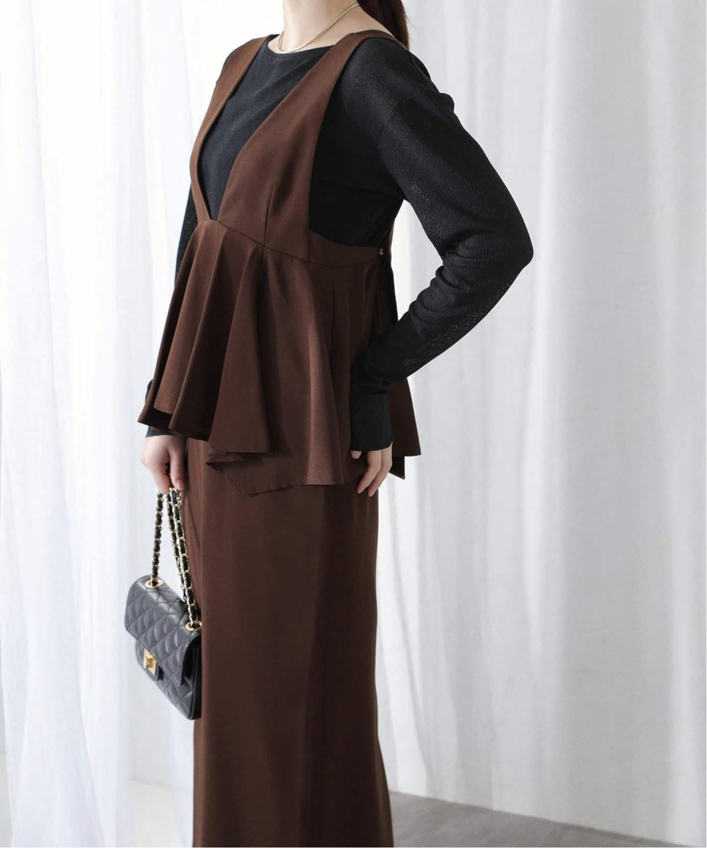 【美品】ラ トータリテ ノーカラーワンピース ブラウン 日本製 ベイクルーズ☆ La Totalite｜ラ トータリテのワンピース・ドレス（レディース