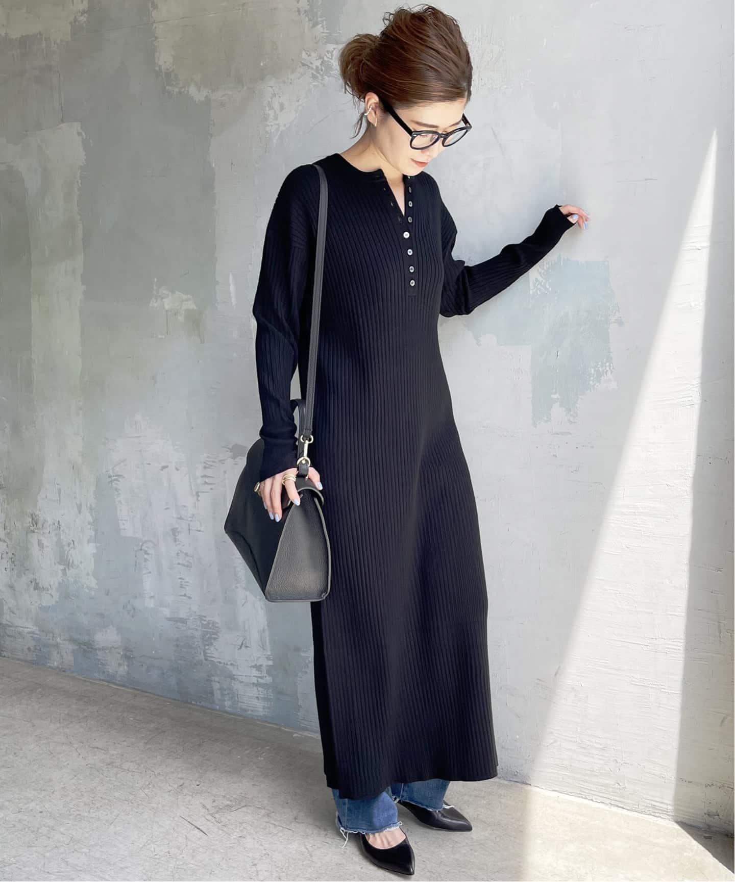 追加》手洗い可 / ヘンリーネックリブニットワンピース