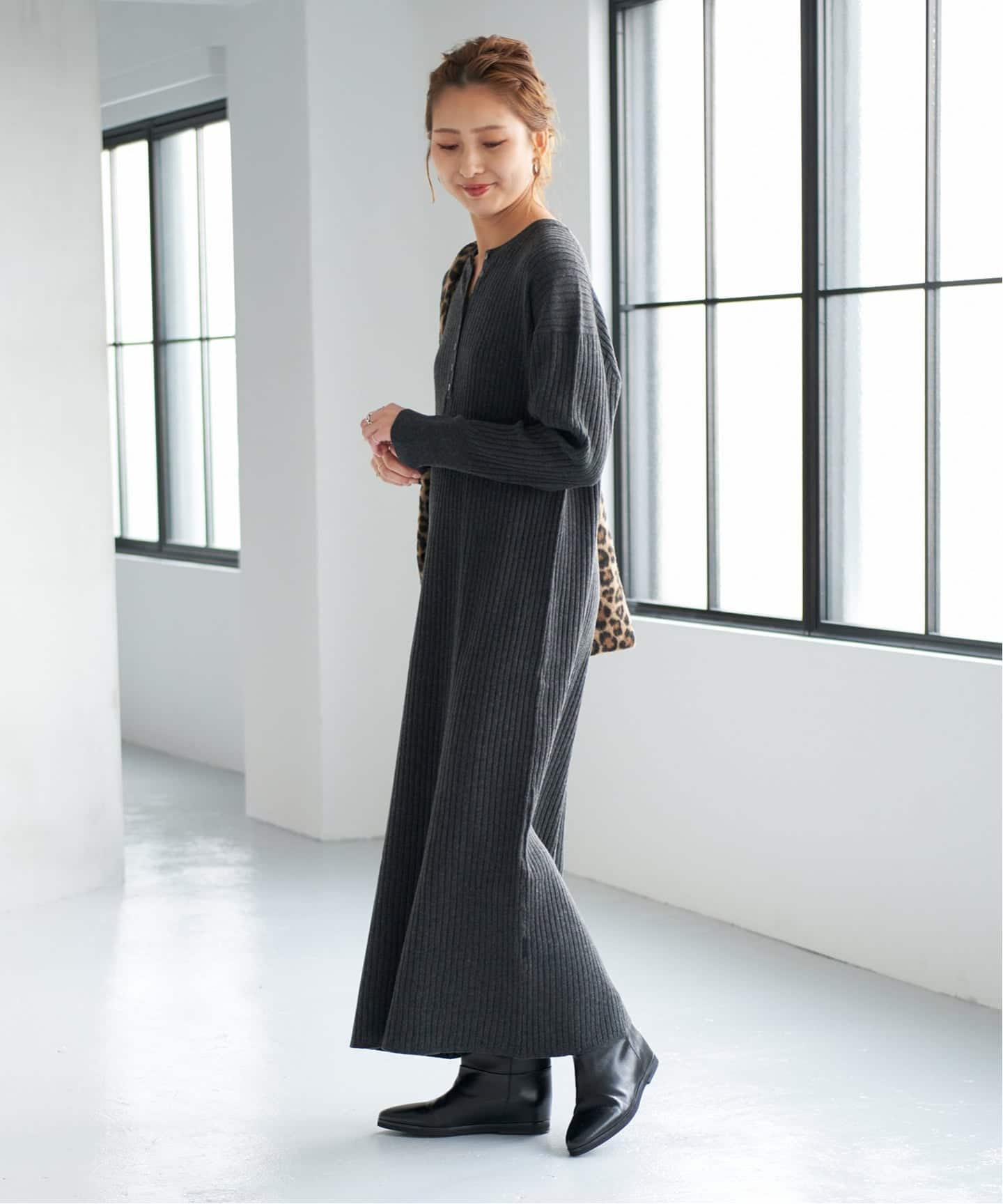 手洗い可 / 追加》ヘンリーネックリブニットワンピース（ワンピース