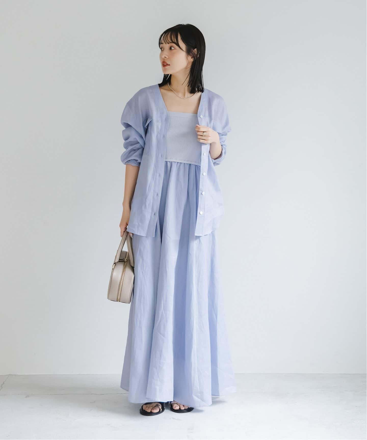 美品✨ノーブル　ラミーニットベアトップワンピース ロング　フレア　ブルー　S 洗える】ラミーニットベアトップワンピース（ワンピース）｜NOBLE