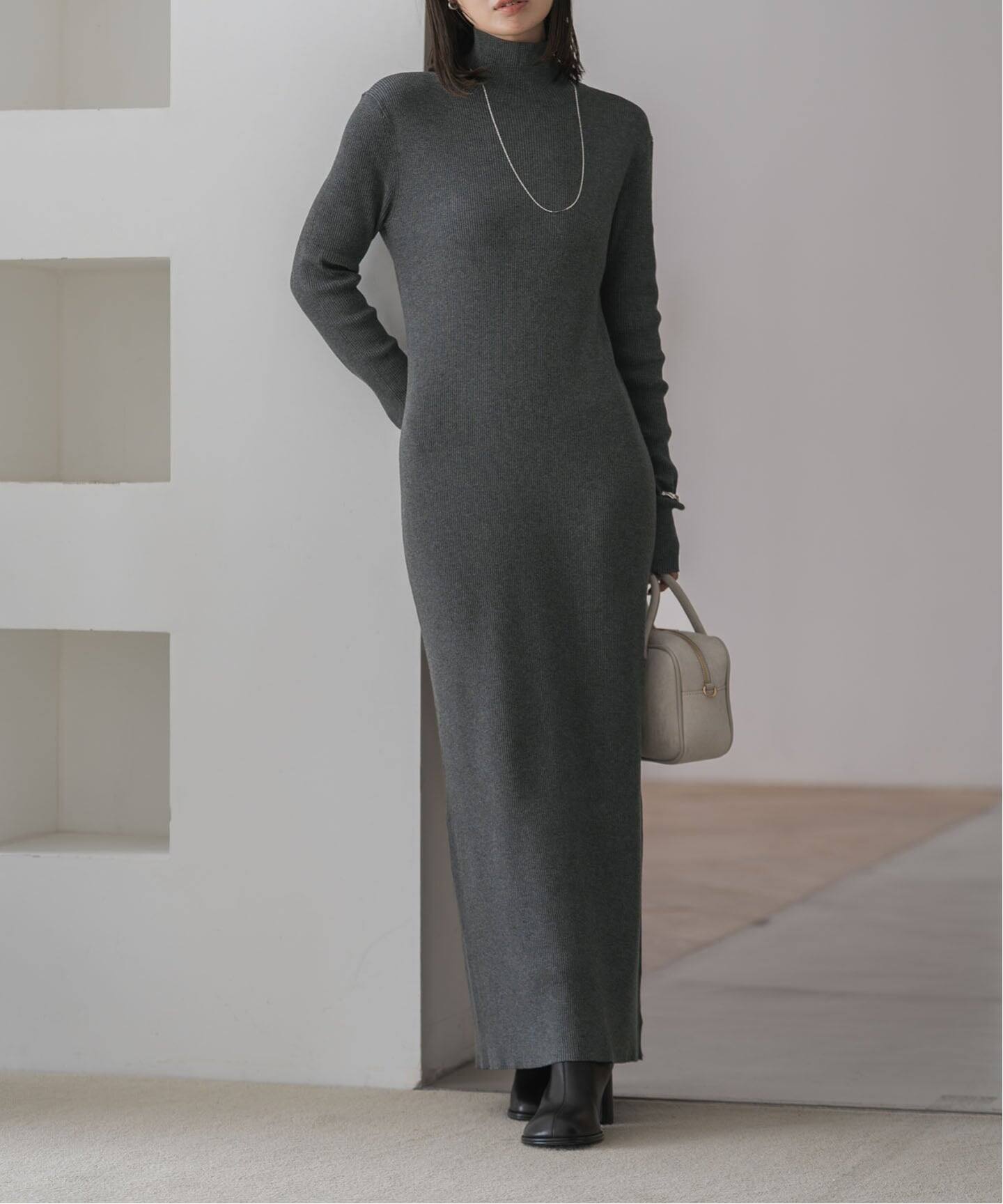 RY/PLリブハイネックロングワンピース（ニットワンピース）｜NOBLE