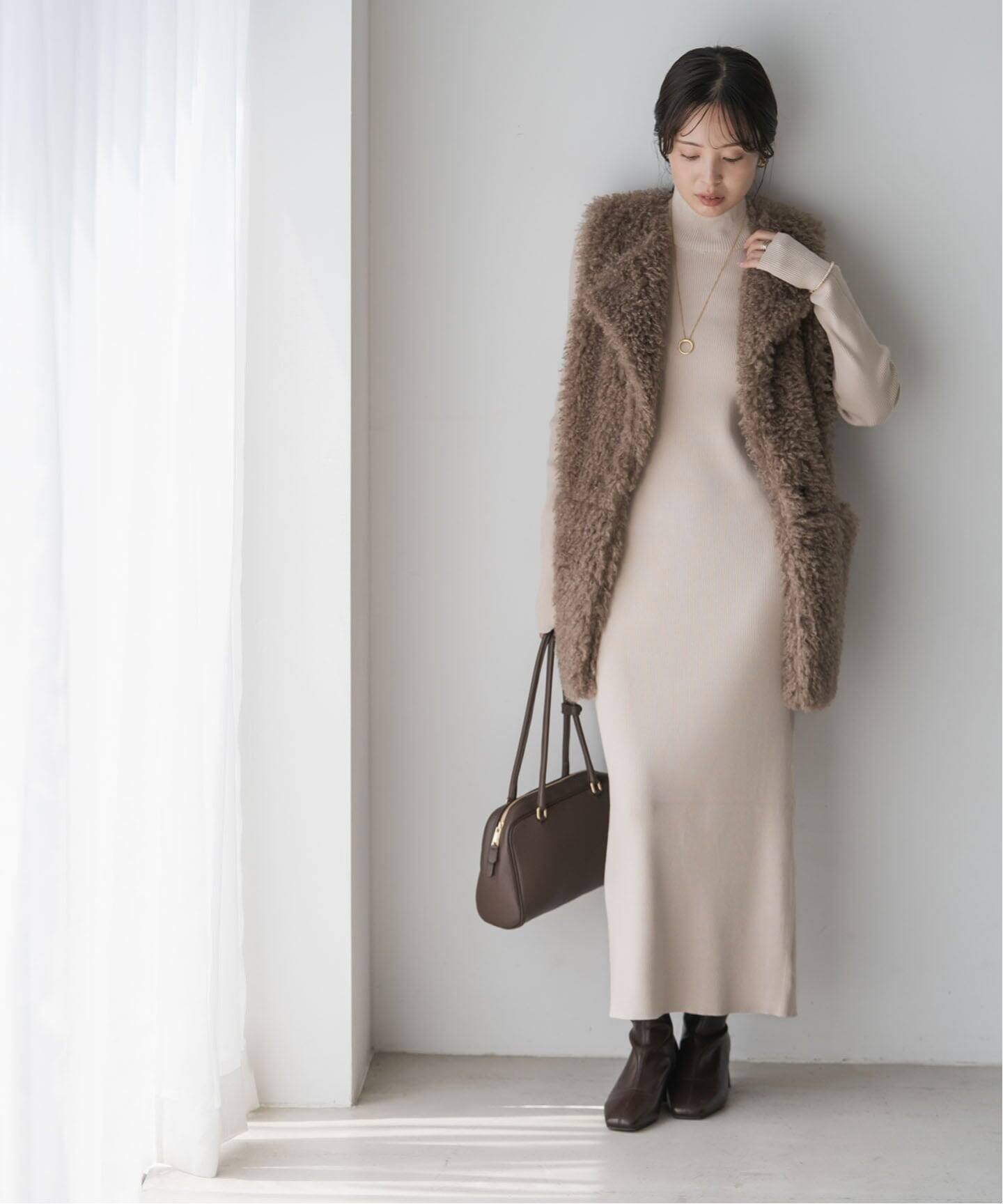 RY/PLリブハイネックロングワンピース（ニットワンピース）｜NOBLE