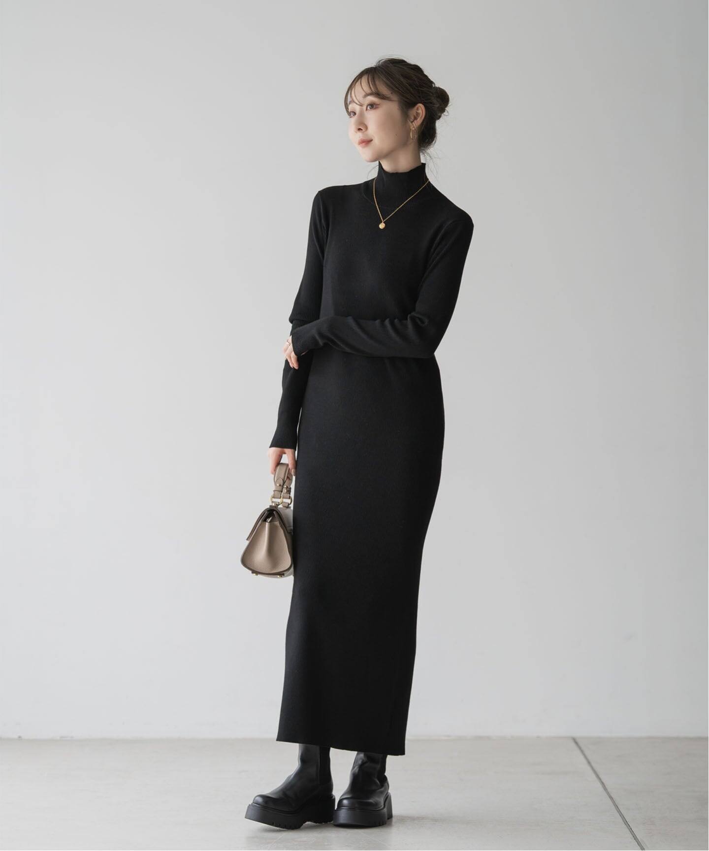 NOBLE　ロングワンピース WEB限定カラー・追加》RY/PLリブハイネックロングワンピース（ニット