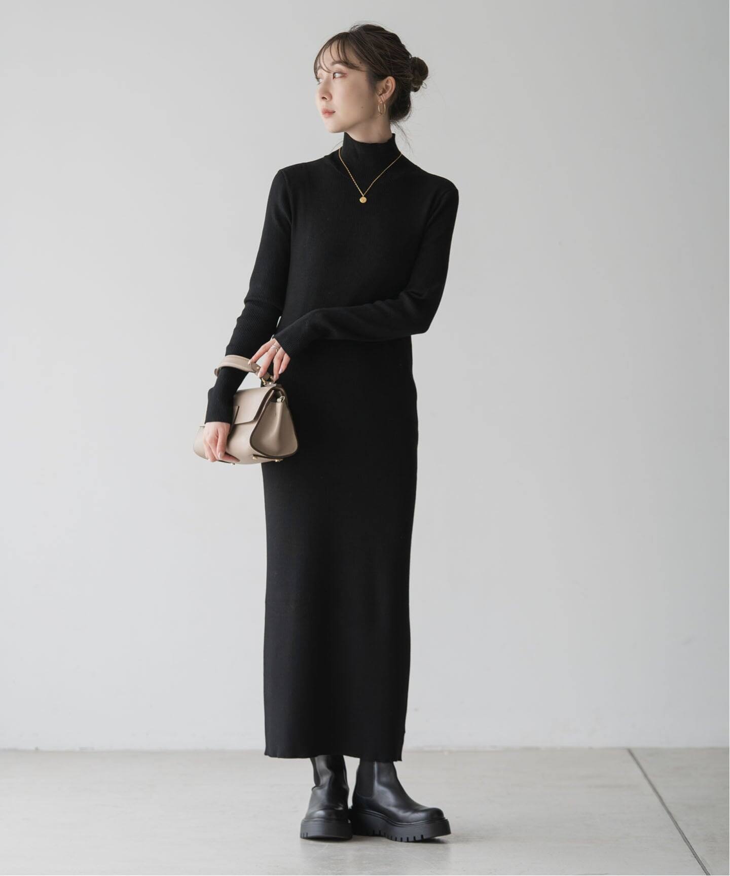 WEB限定カラー・追加》RY/PLリブハイネックロングワンピース（ニット