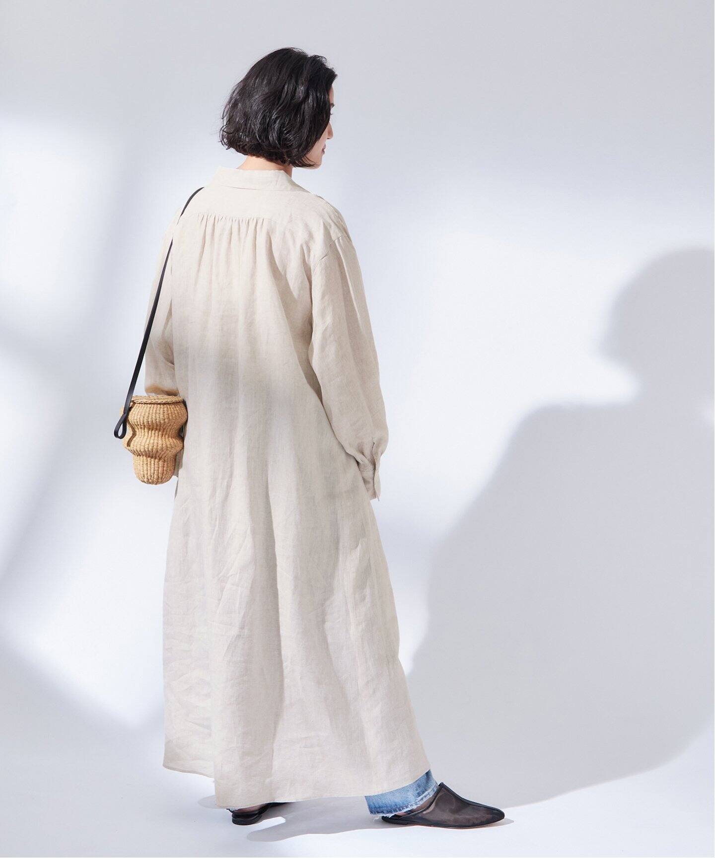 ヨーロピアンフラックス/コットンリネンストライプワンピース  