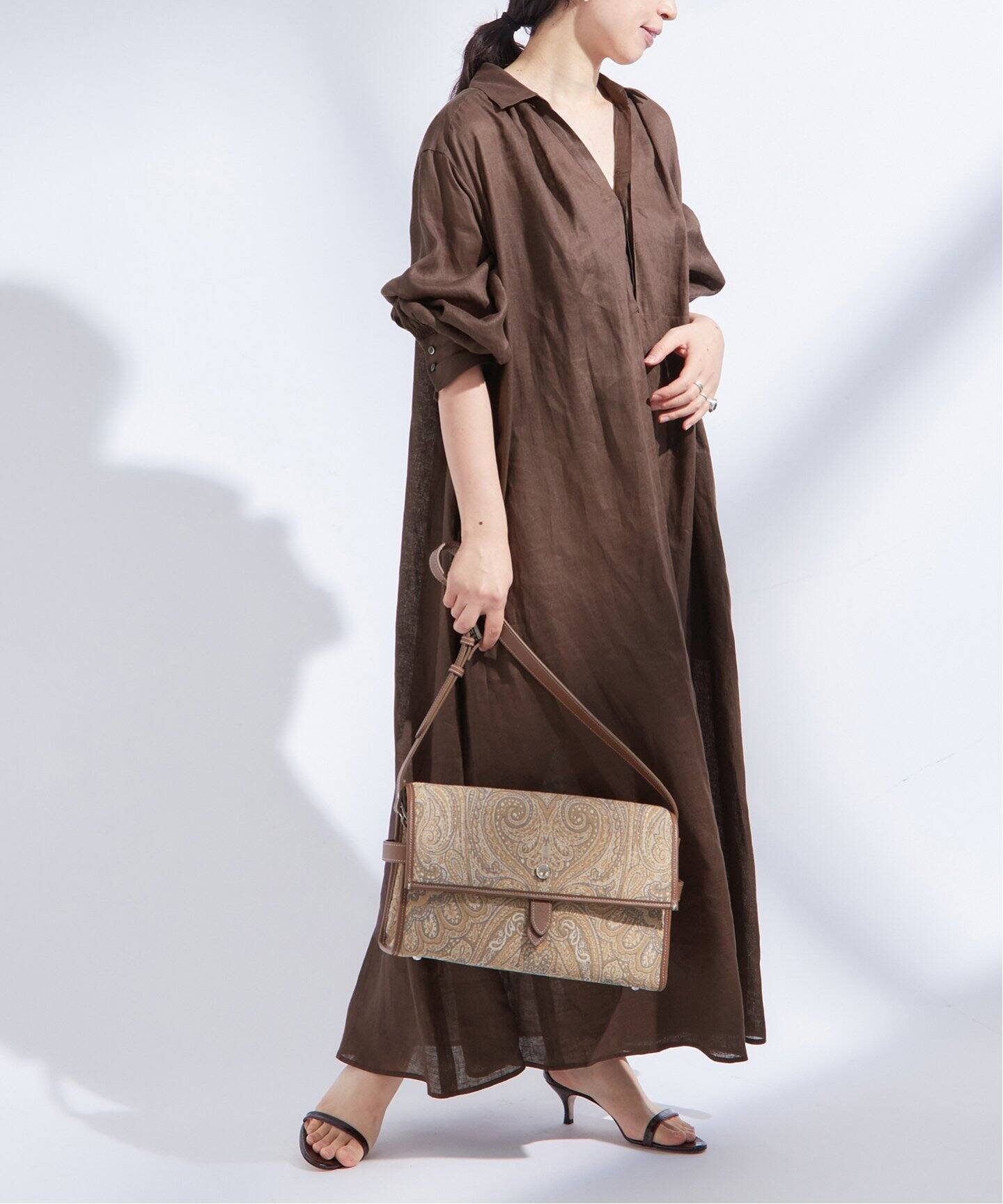 ヨーロピアンフラックス/コットンリネンストライプワンピース  