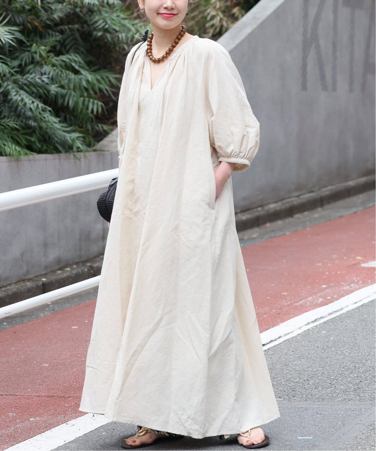 リネンコットンラグランギャザーワンピース（ワンピース）｜JOURNAL  