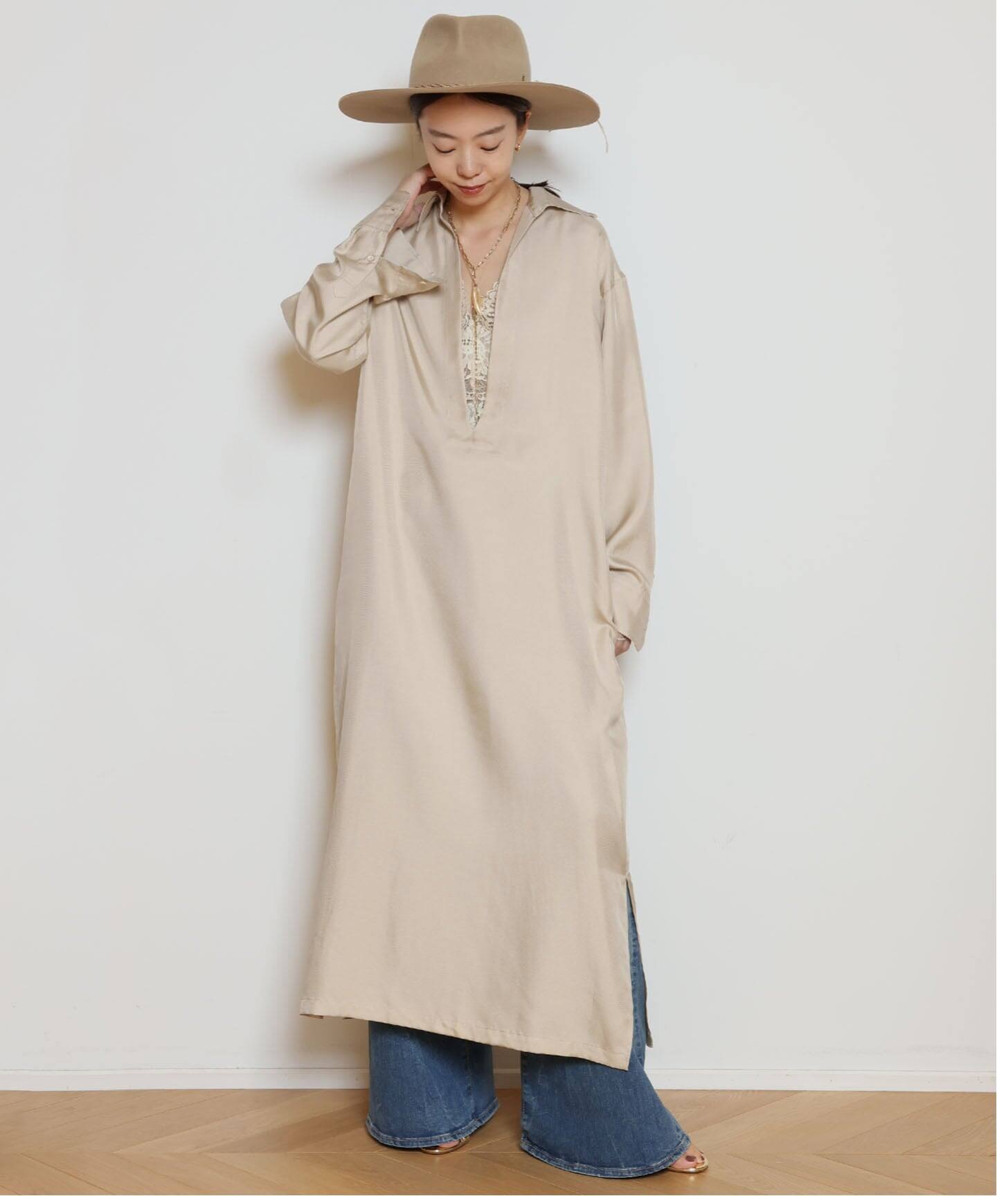 【新品】Raspail ラスパイユ　シルクシャツ　グレー　ドゥーズィエム クラス CLEL】Herringbone TR Side Lace Skipper Shirt /ヘリンボーンTRサイド