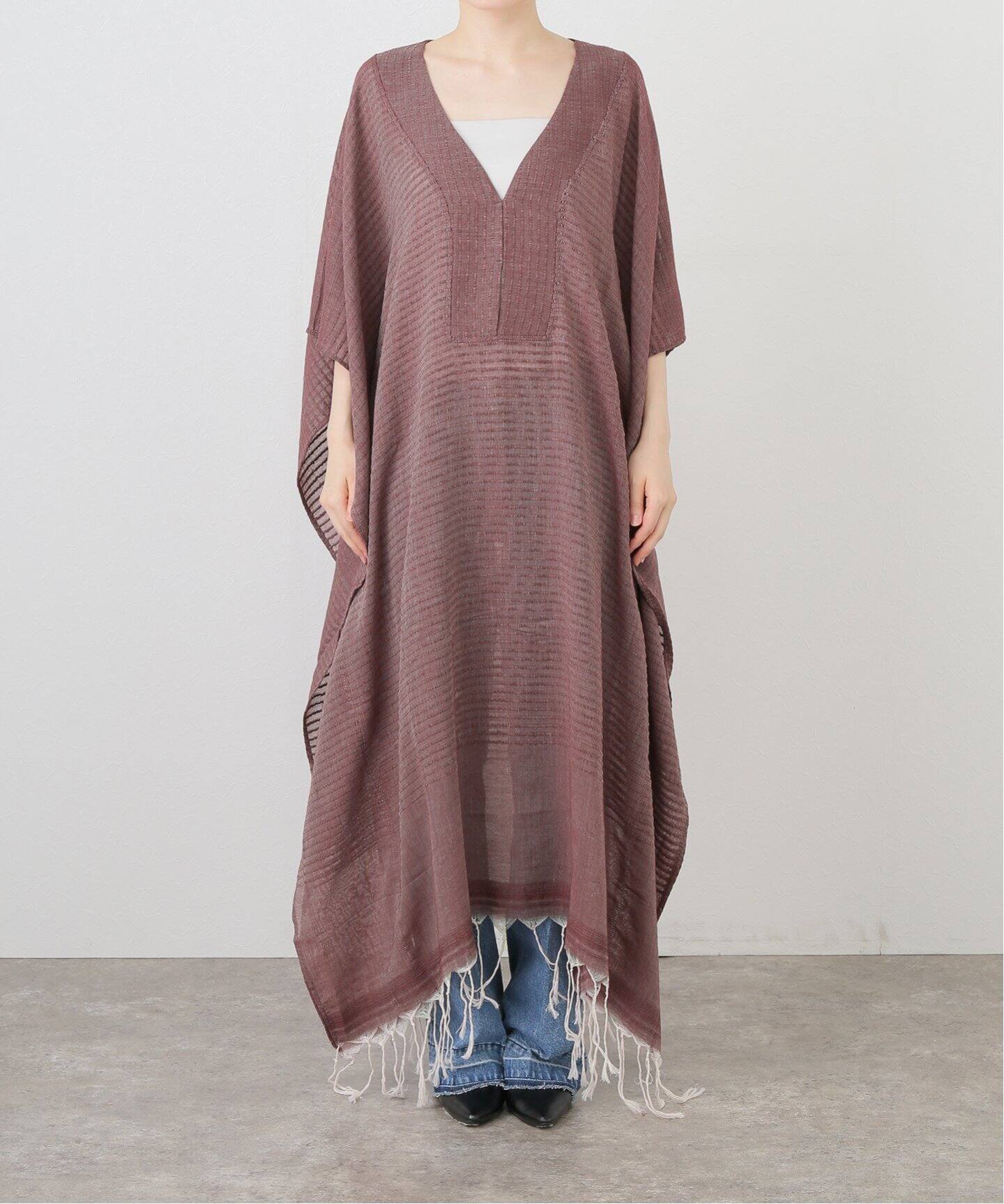 SU PARIS Stripe V-NECK KAFTAN CONRAD - Camel Stripe semi-fitted 