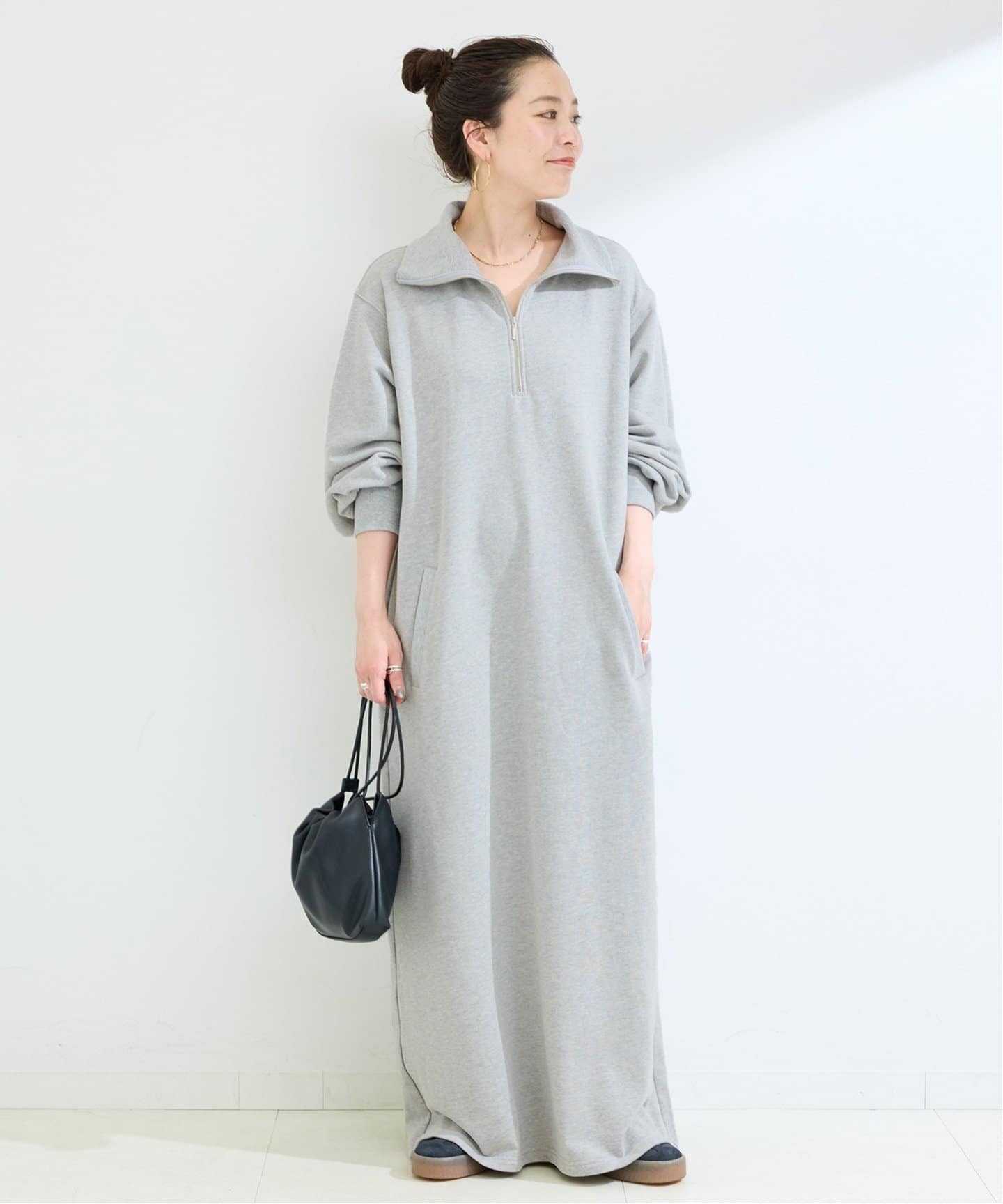 追加》ウォッシャブル / テリー裏毛ハーフジップロングワンピース