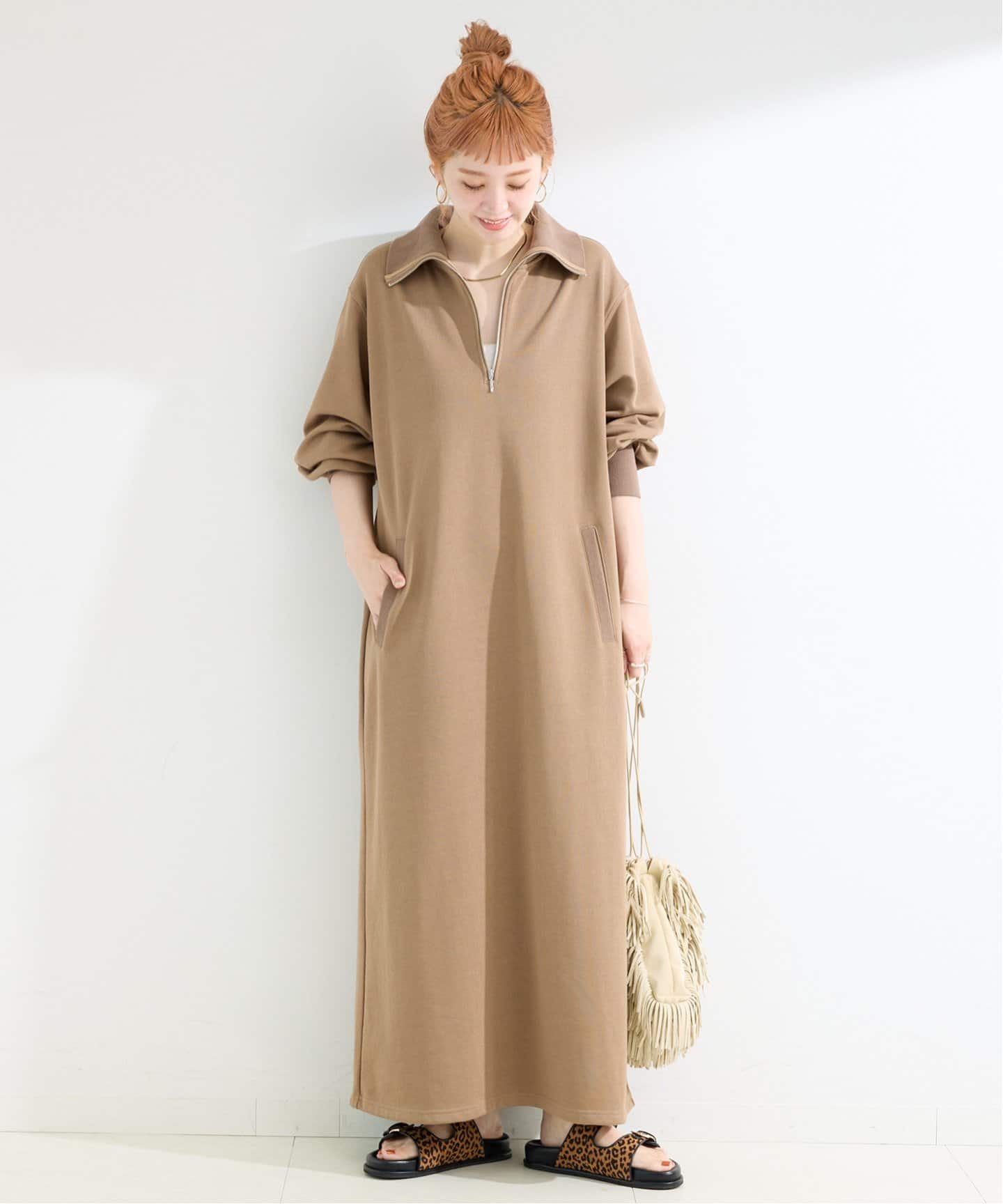 追加》ウォッシャブル / テリー裏毛ハーフジップロングワンピース