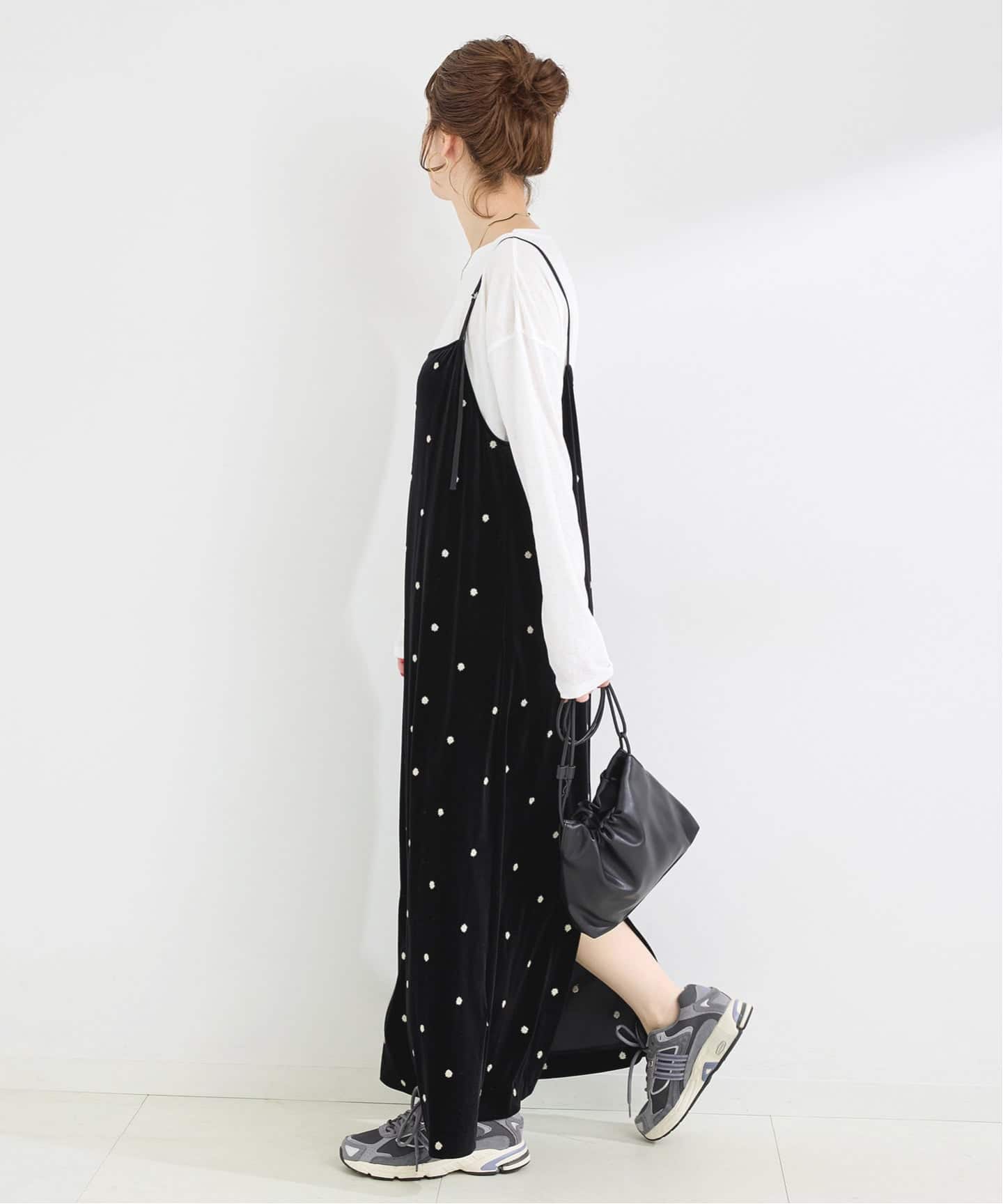 【B.C STOCK】ベロアフラワー刺繍ワンピース　新品　ブラック　ロング　レア 追加6予約》【WEB限定】手洗い可 / ベロアフラワー刺繍ワンピース