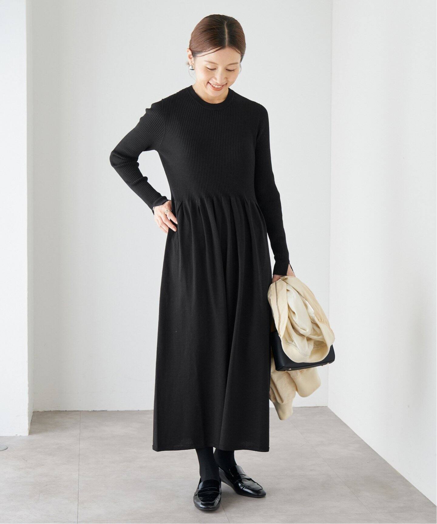 新品タグ付き　イエナ　ホールリブ ギャザーワンピース　ブラック ホールリブ ギャザーワンピース（ワンピース）｜IENA（イエナ）の通販